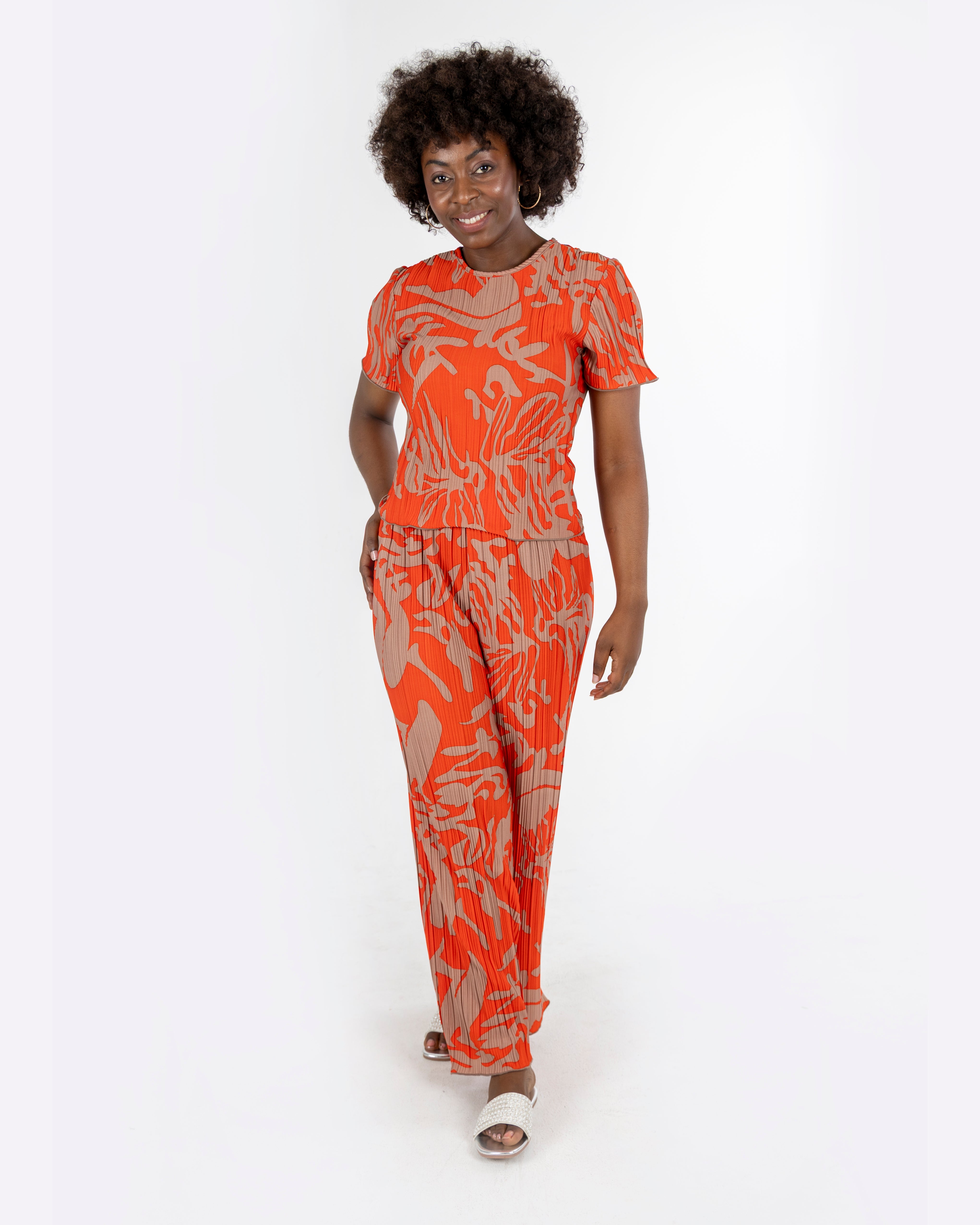 Orange Print Plisse Blouse
