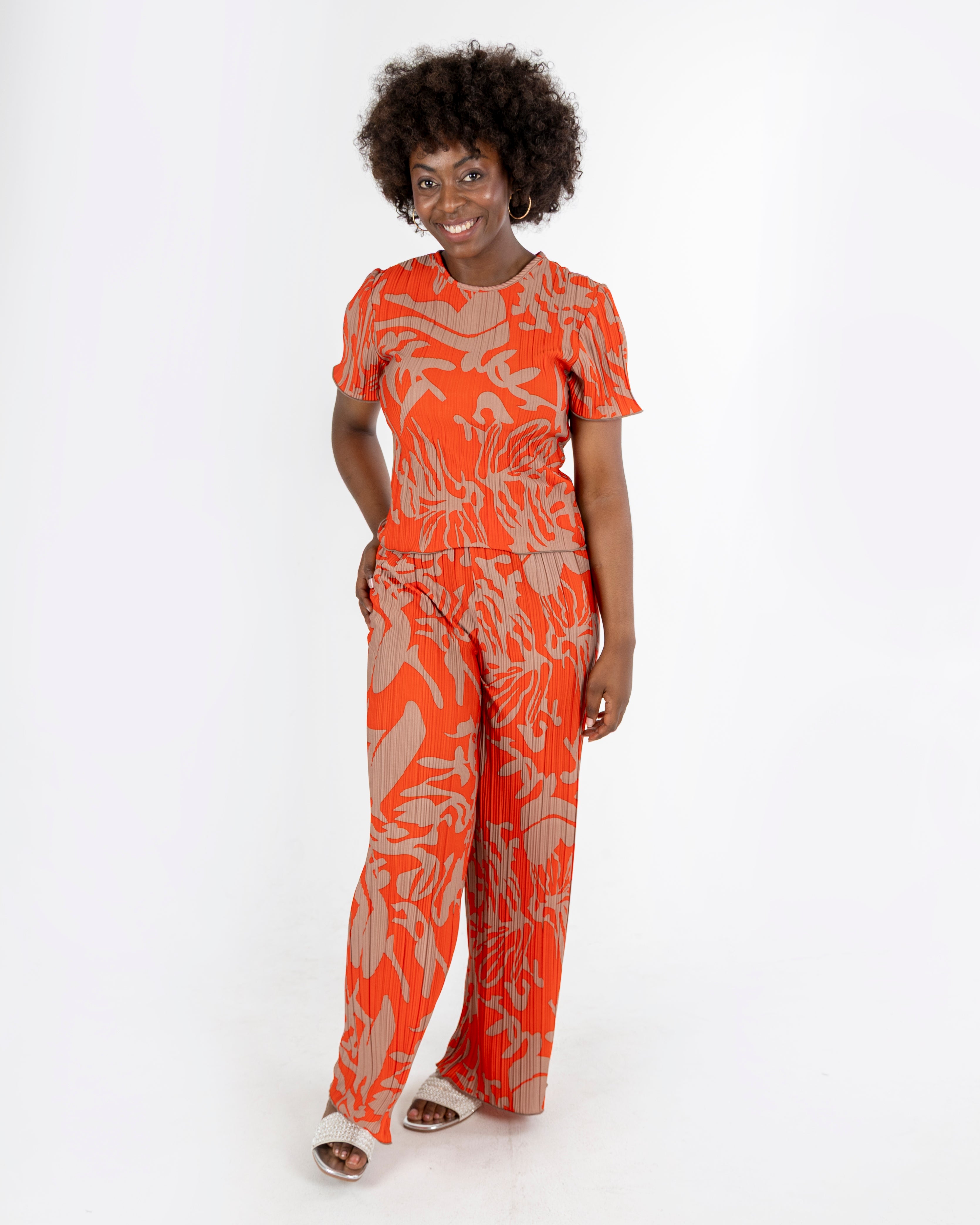 Orange Print Plisse Pants