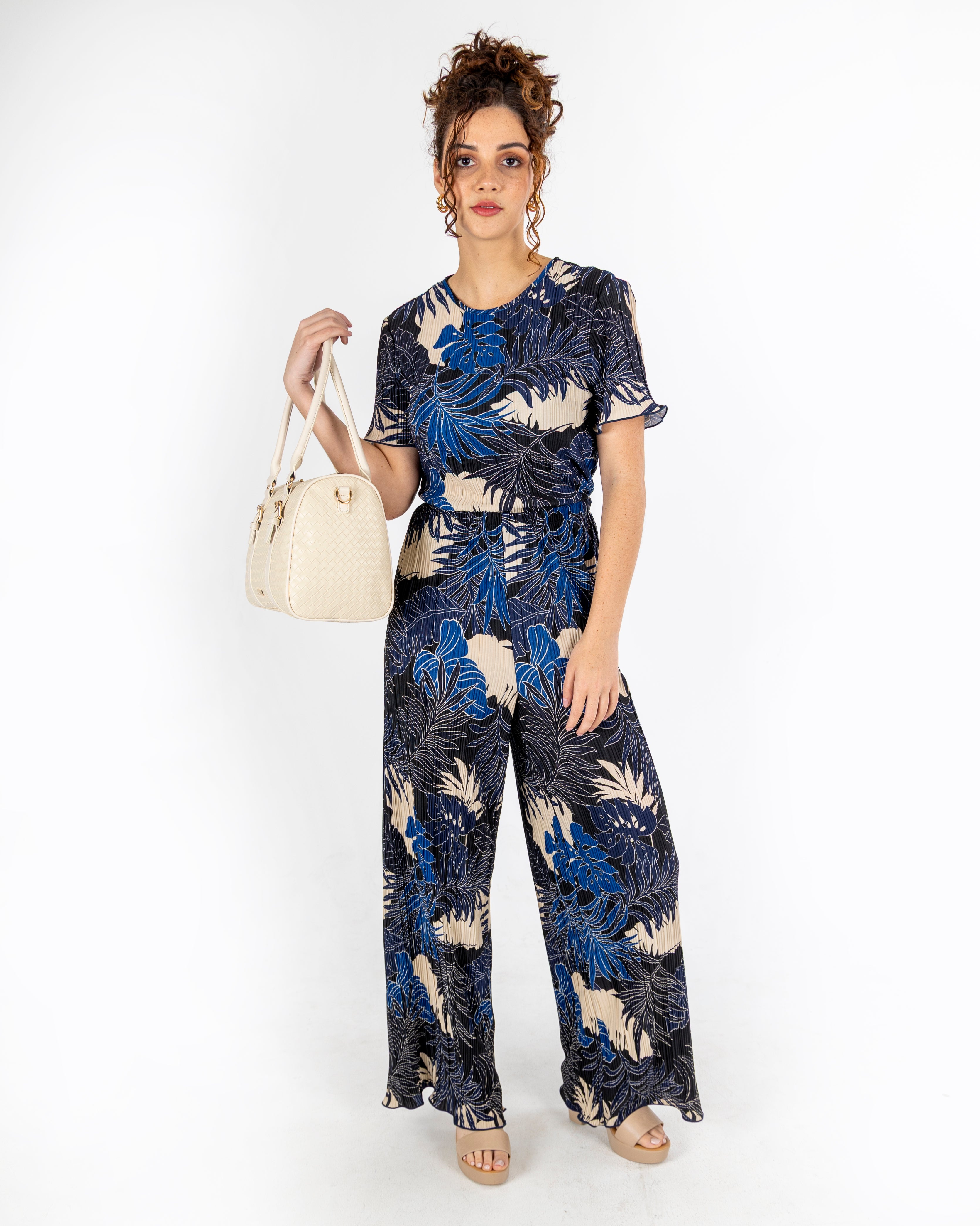 Navy Print Plisse Pants