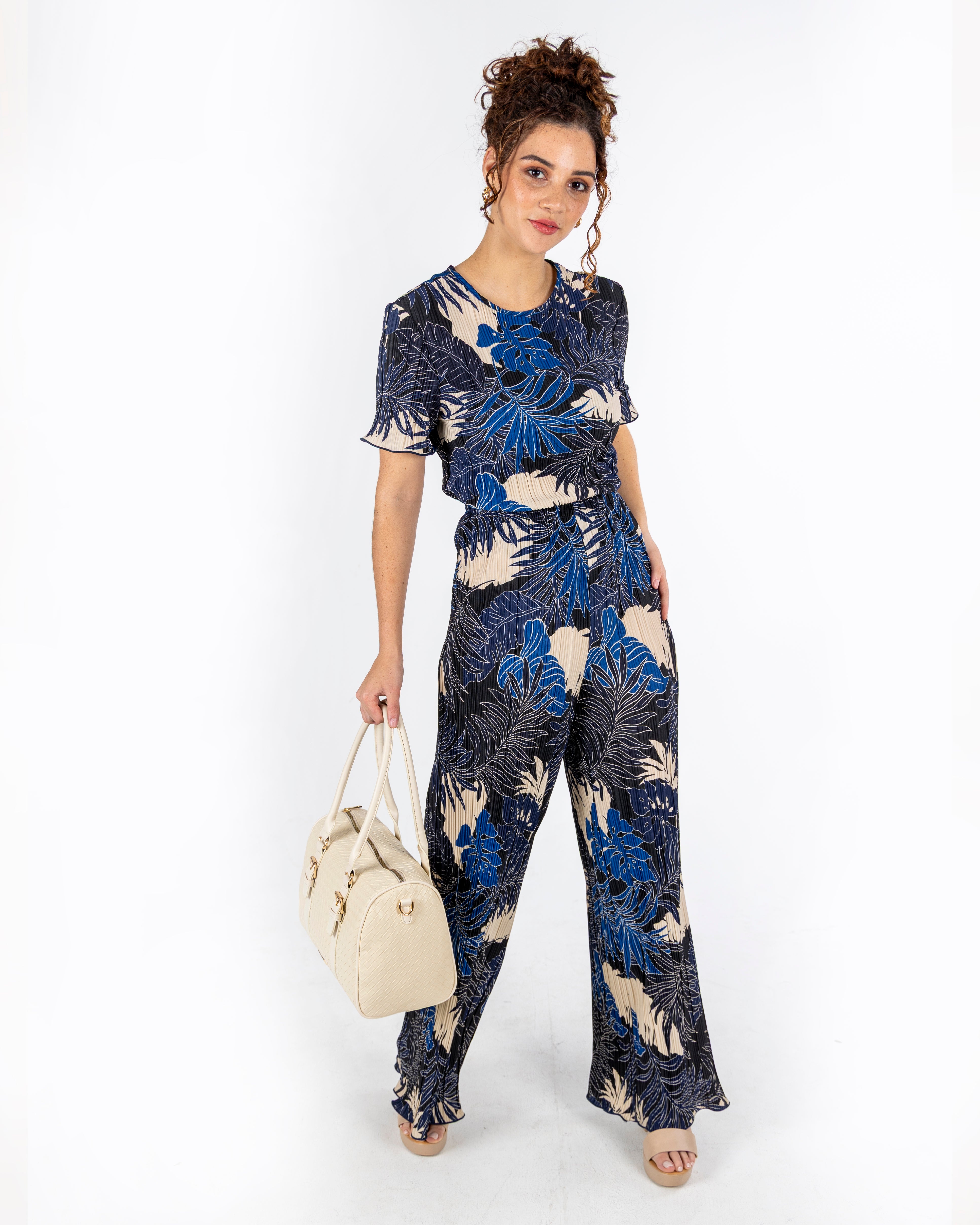 Navy Print Plisse Top