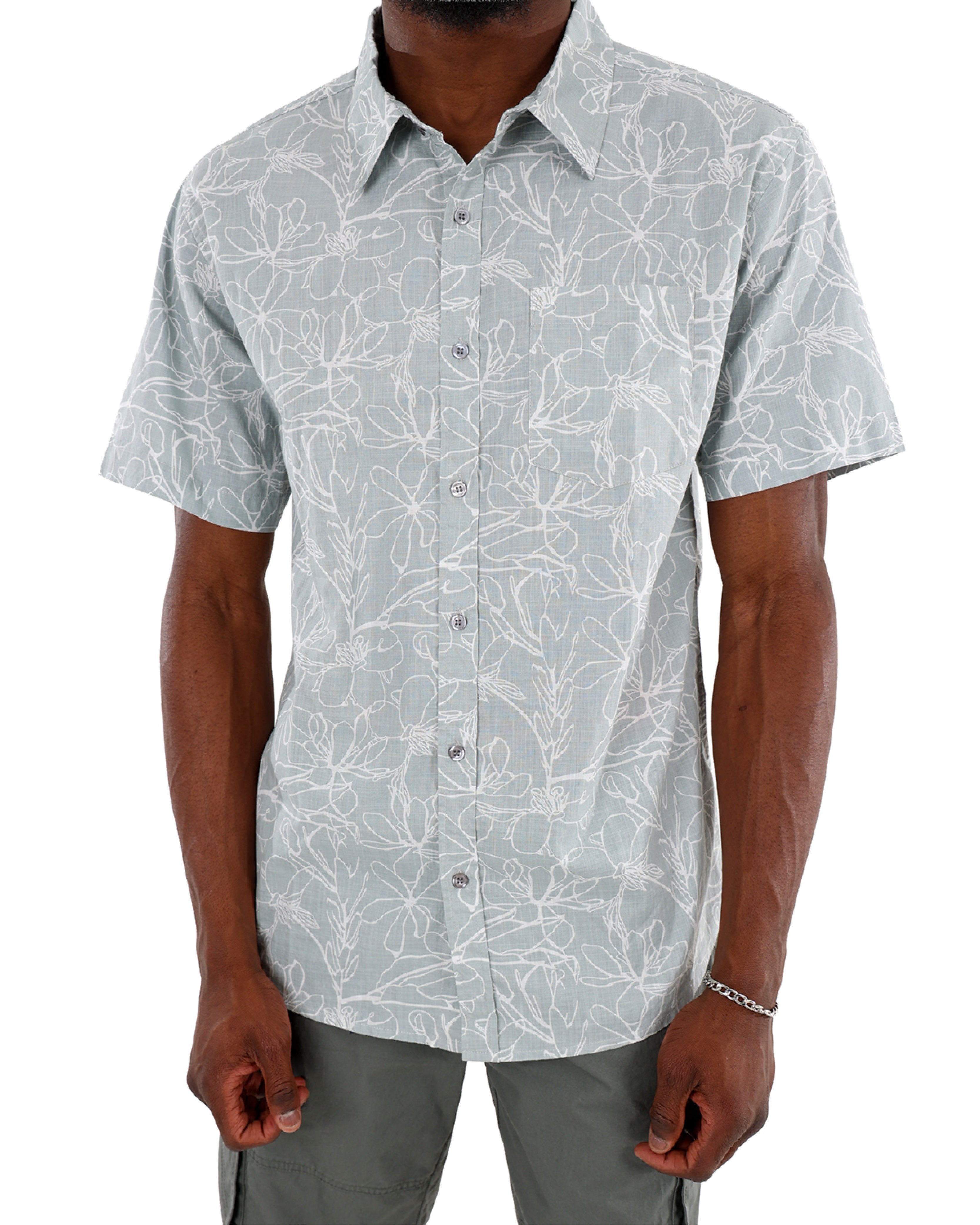 Short Sleeve Grey Floral Print Cotton Slub Shirt