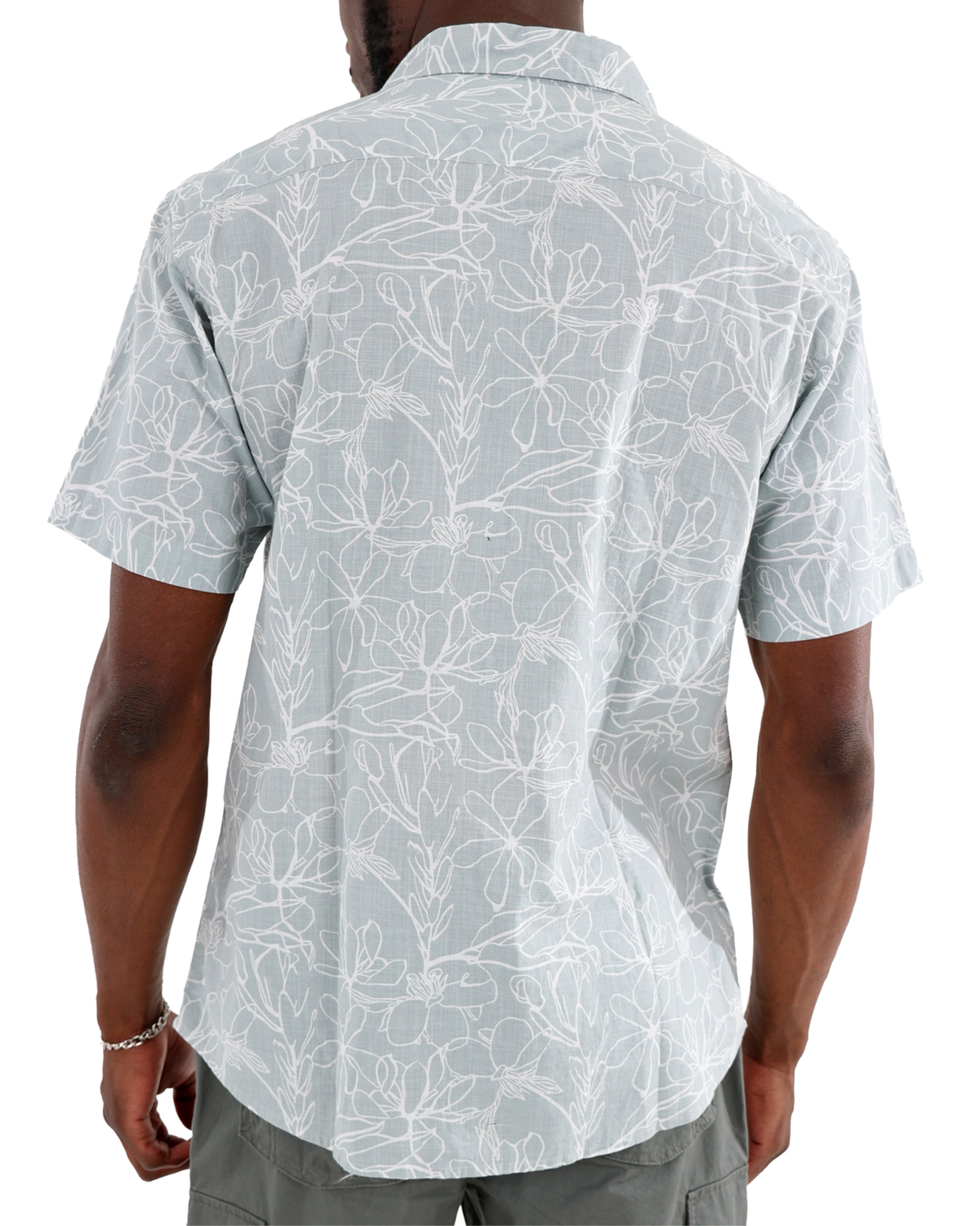 Short Sleeve Grey Floral Print Cotton Slub Shirt