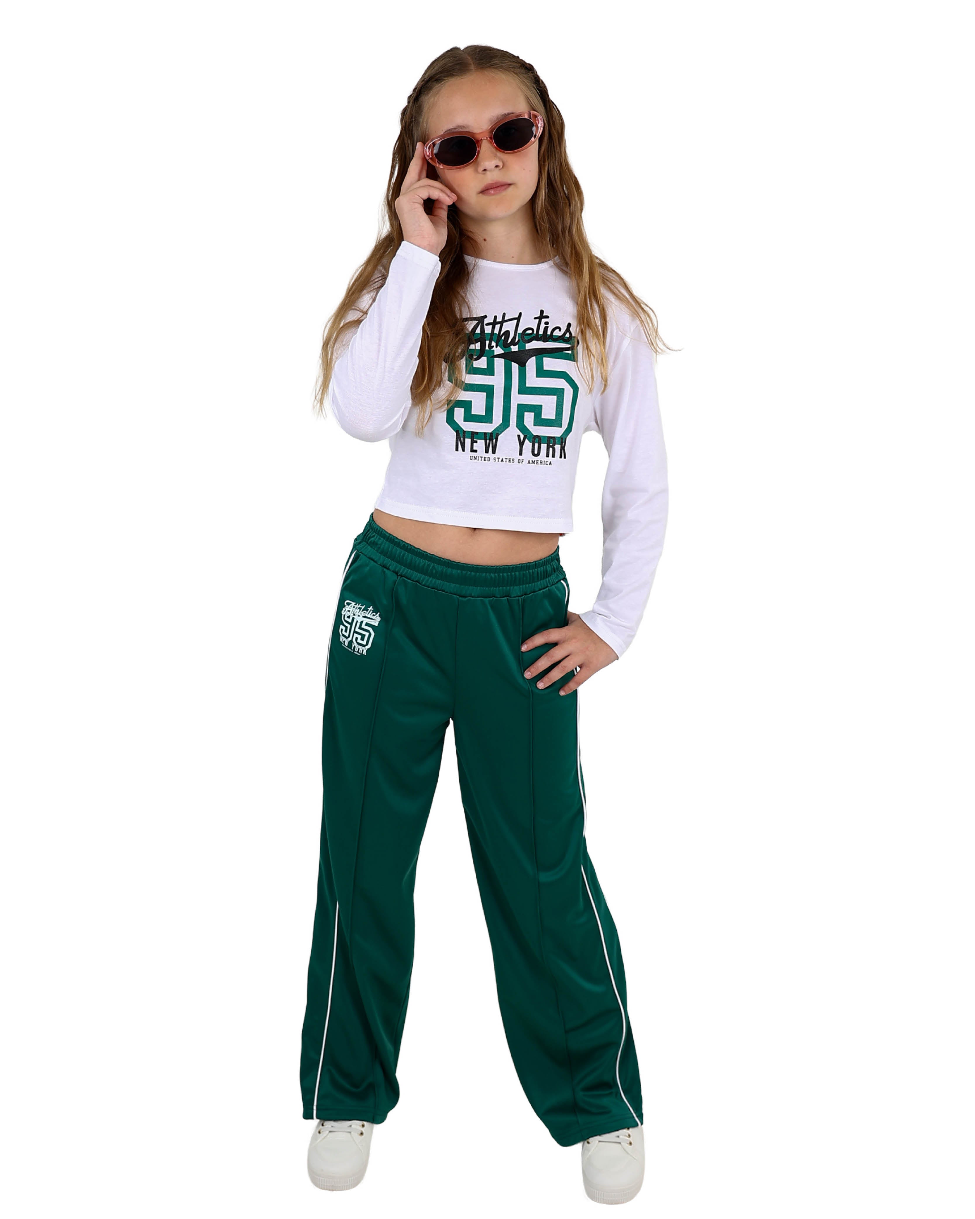Wide Leg Green Active Pant With Piping