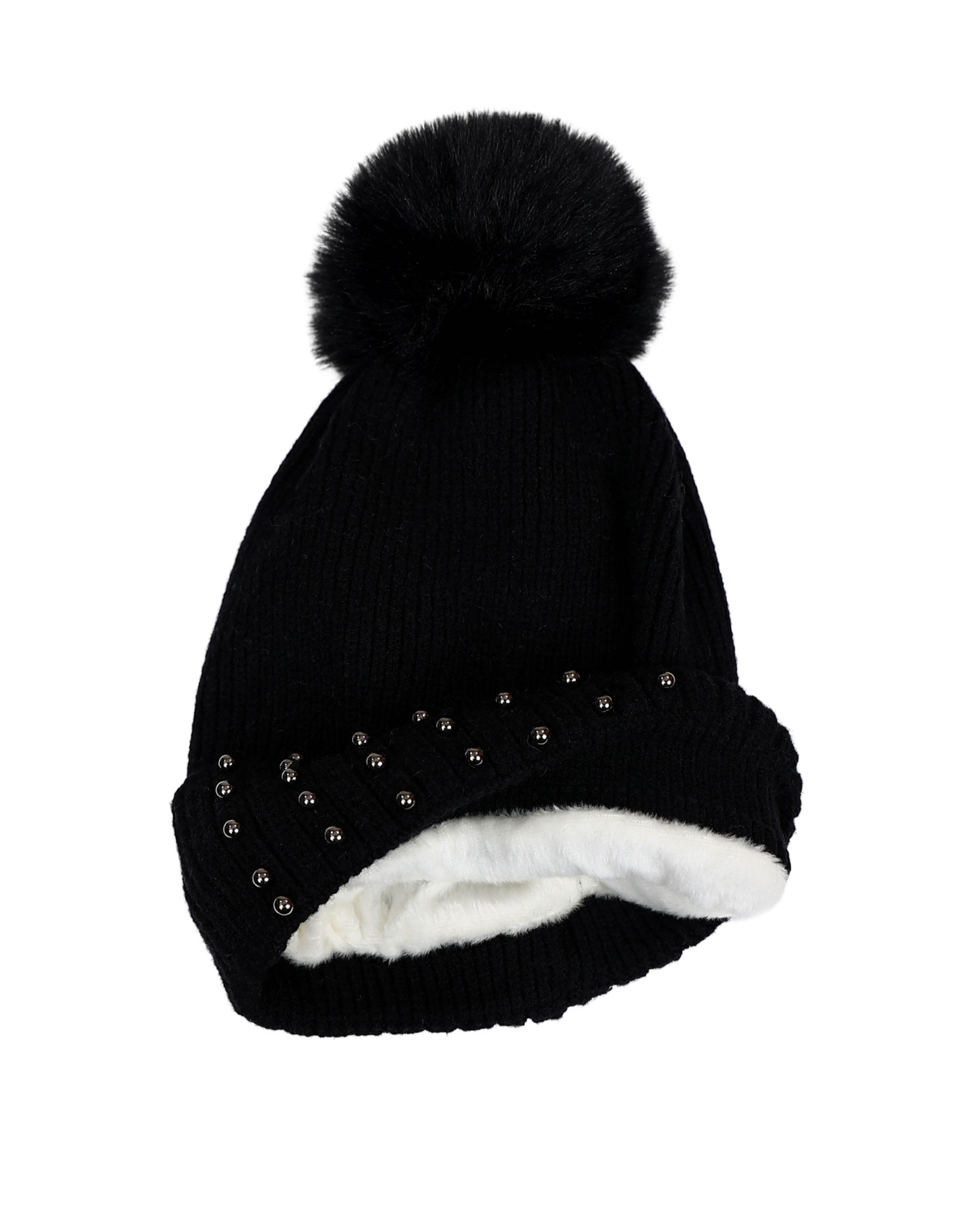 Black Decorative Pearl Pompom Beanie