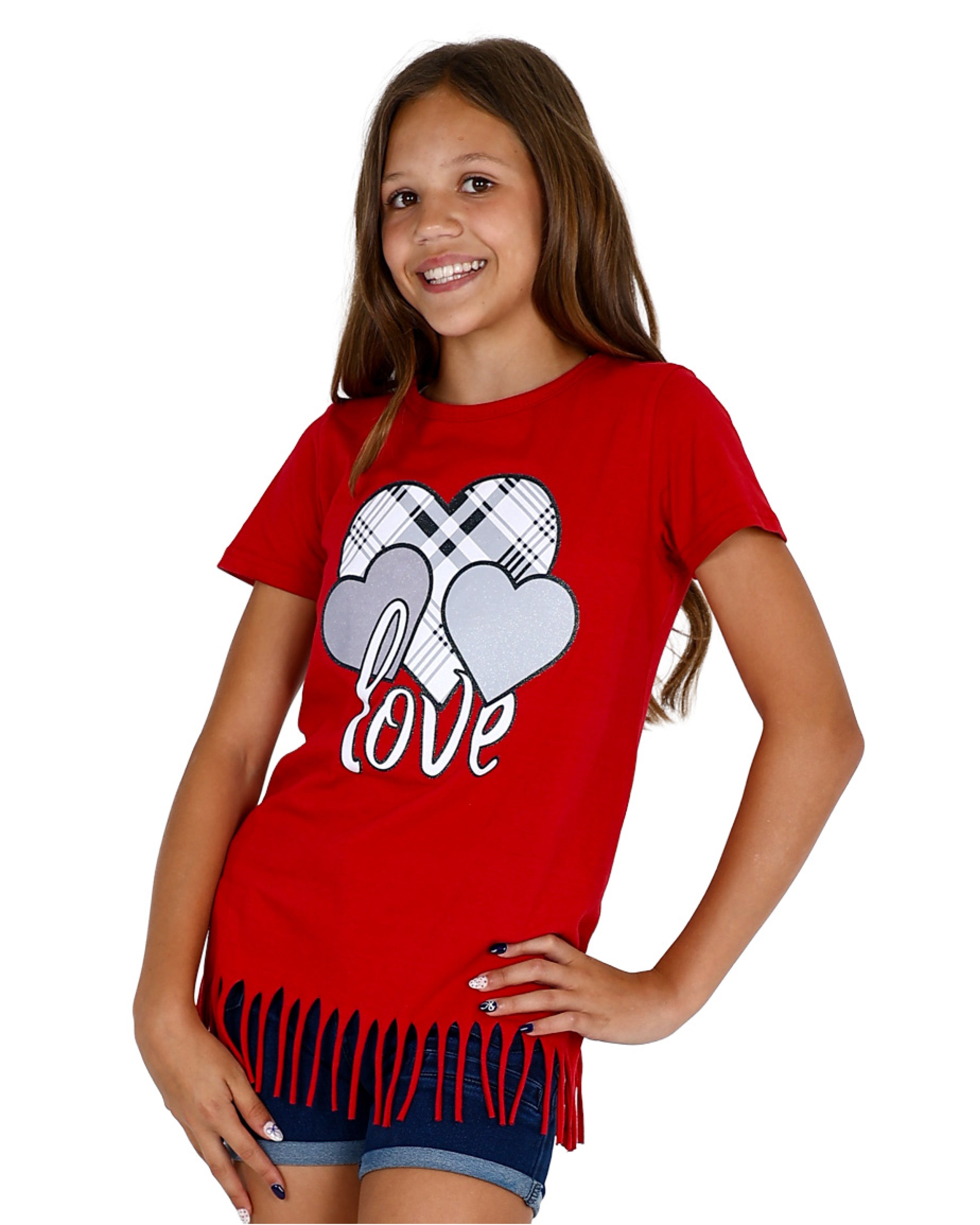 Short Sleeve Red Fringed Check Heart T-Shirt