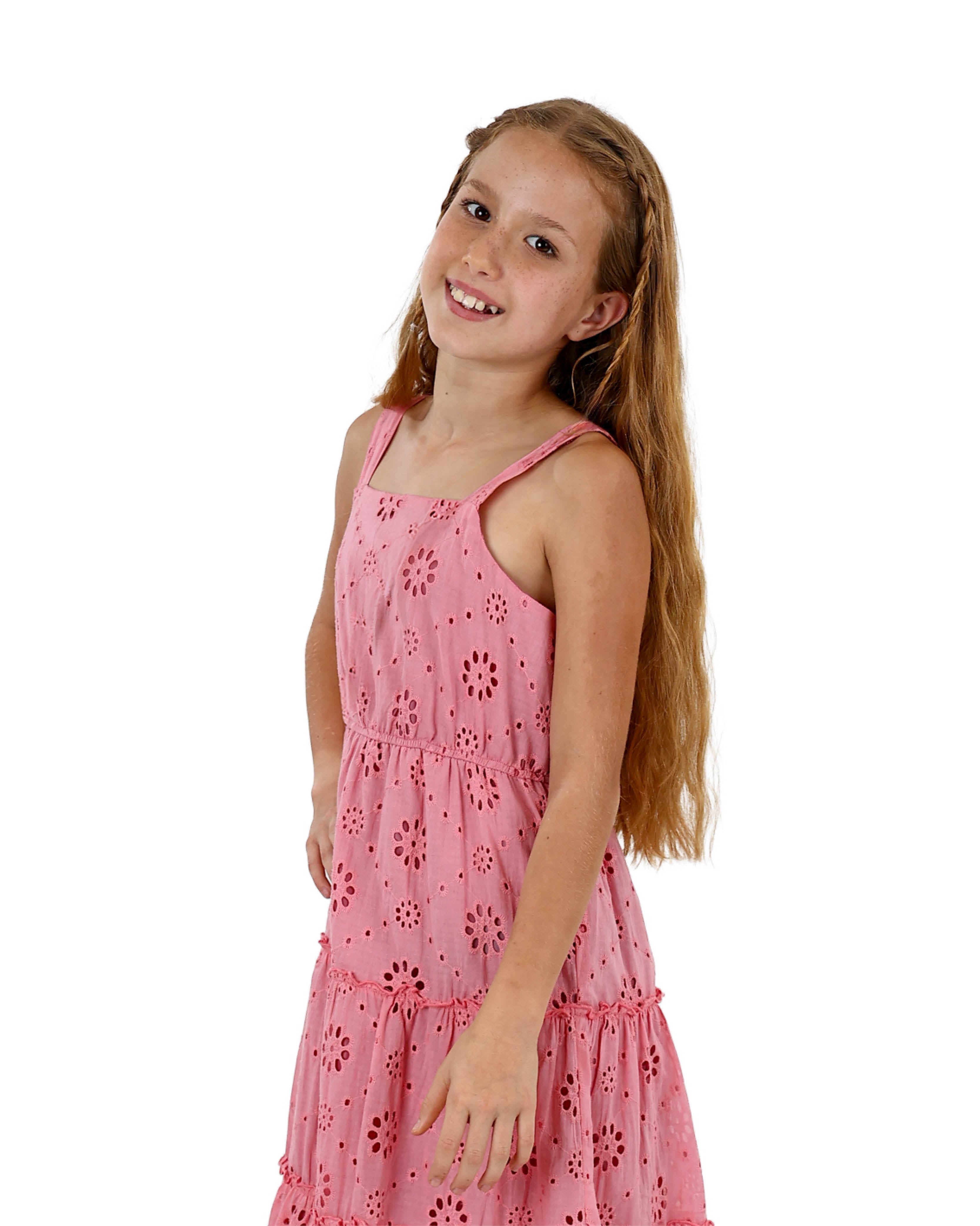 Strappy Pink Anglaise Tiered Midi Dress