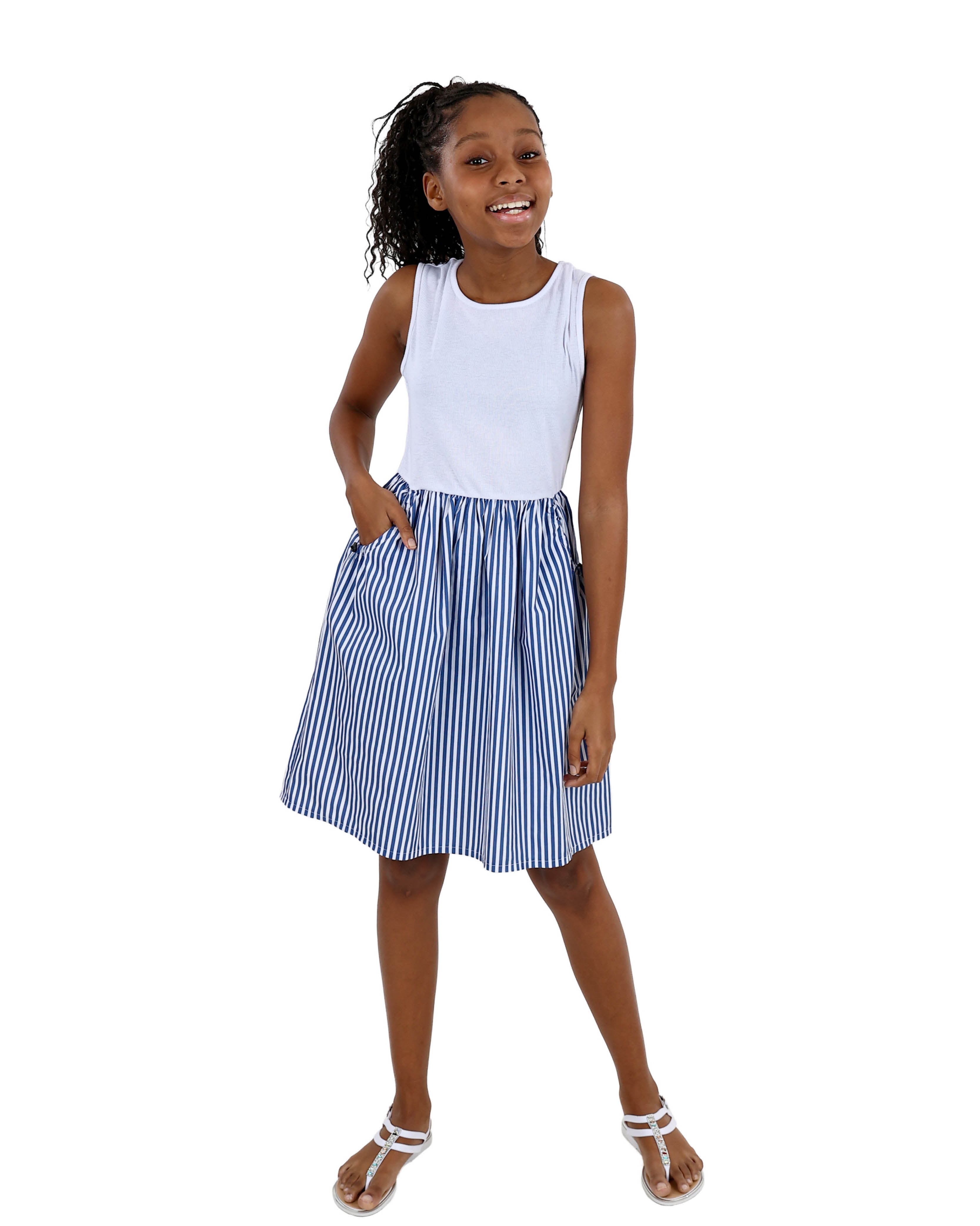 Sleeveless Blue Stripe Combo Knee Length Dress