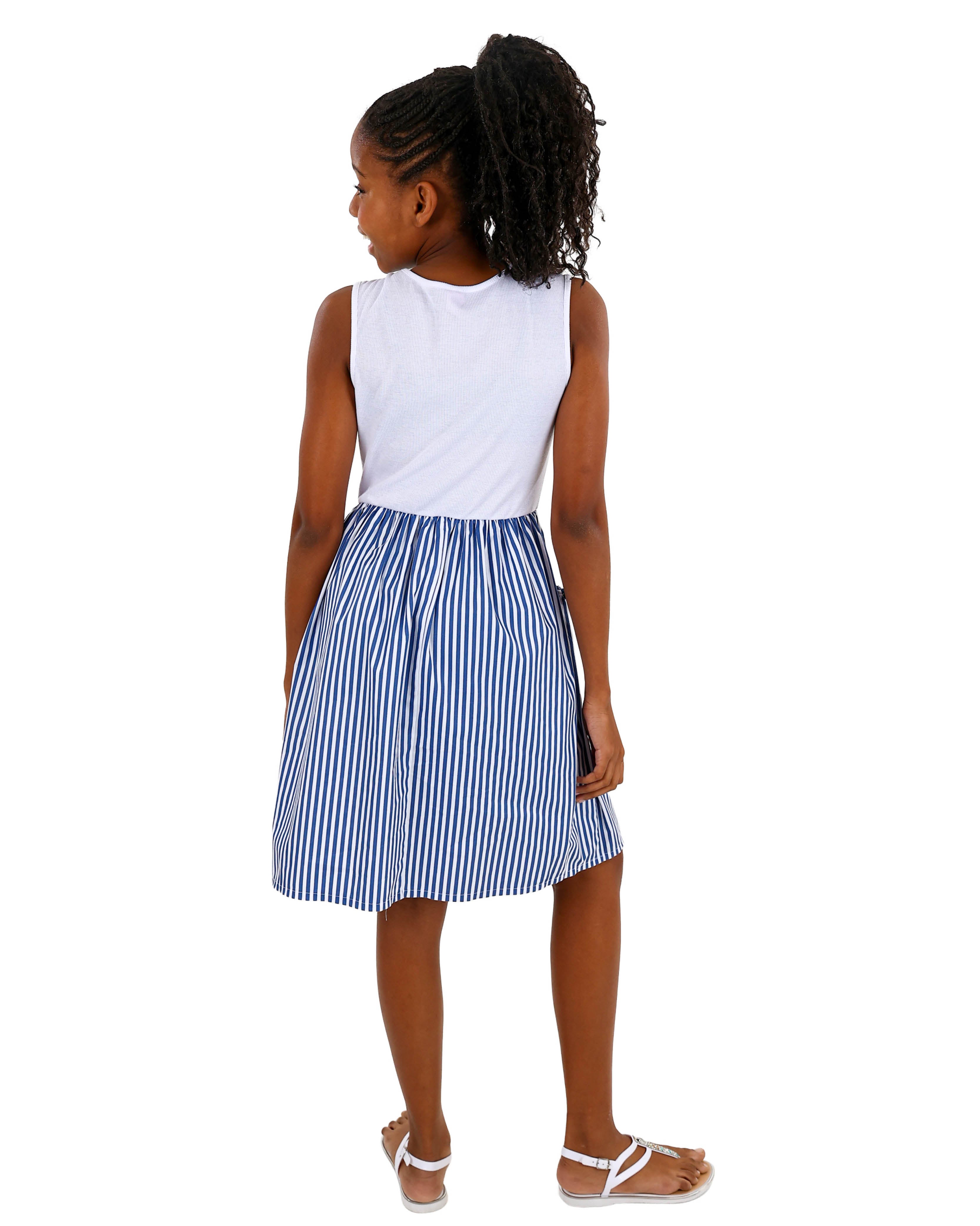 Sleeveless Blue Stripe Combo Knee Length Dress