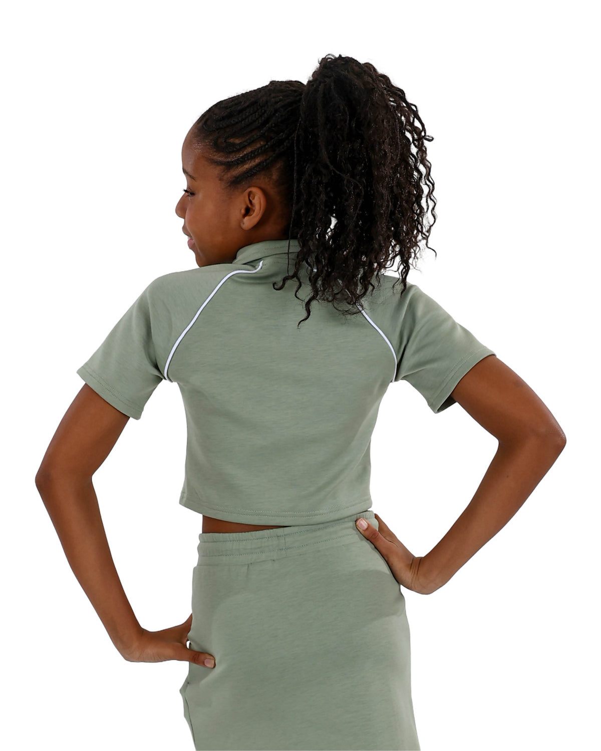 Short Sleeve Zip Up Sage Sporty Crop Top With Piping Detail