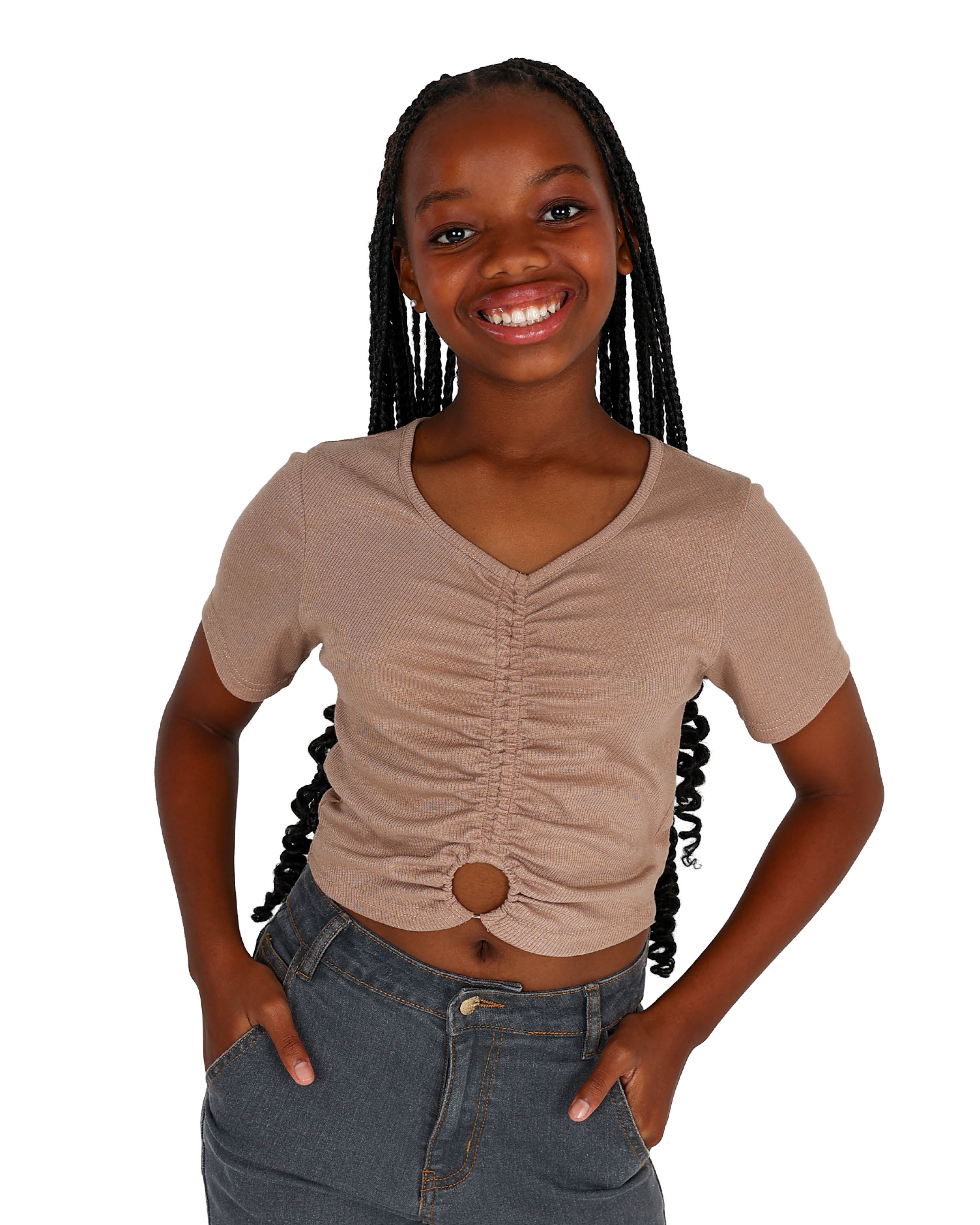 Short Sleeve Taupe Metal Trim Crop Top