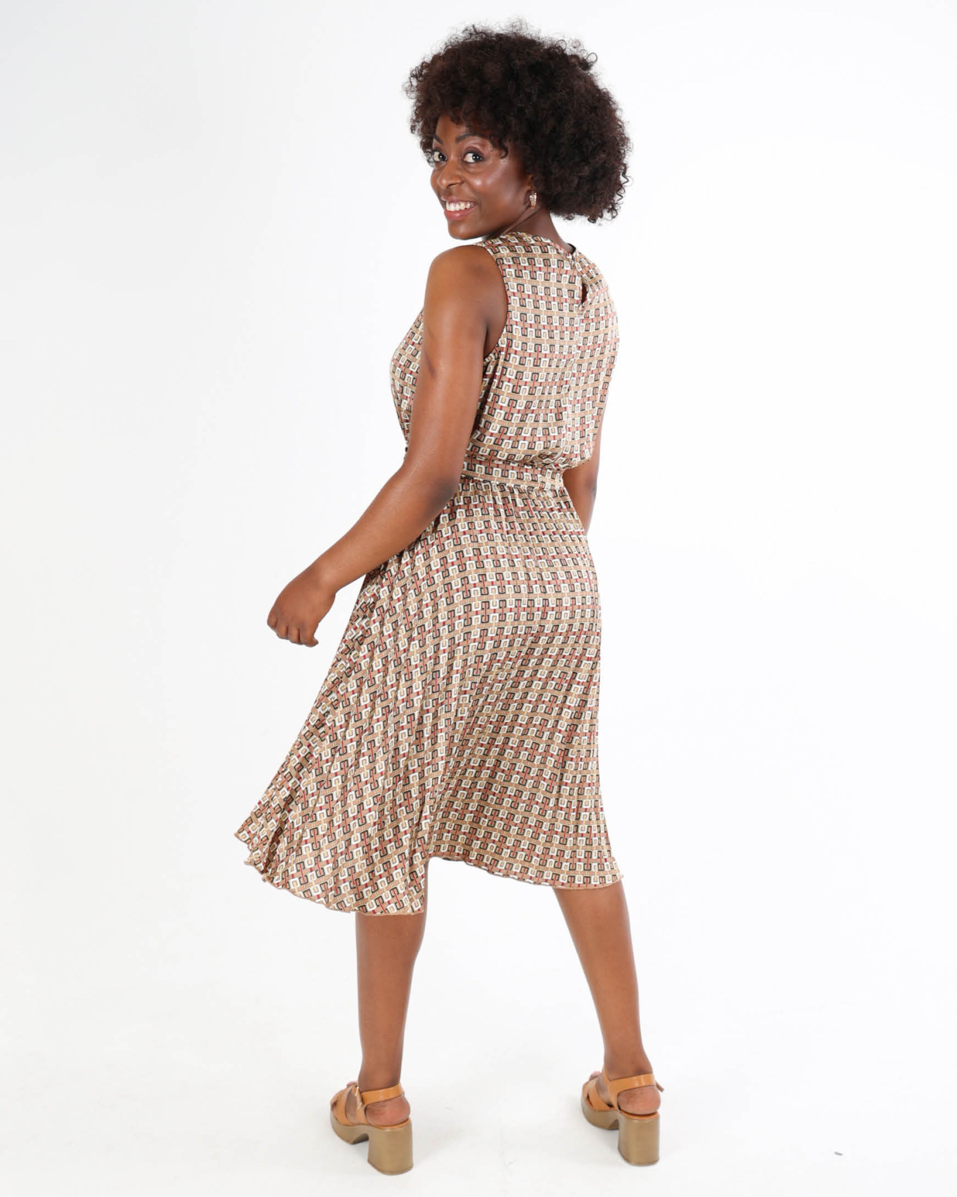 Belted Pleated Geometric Dress