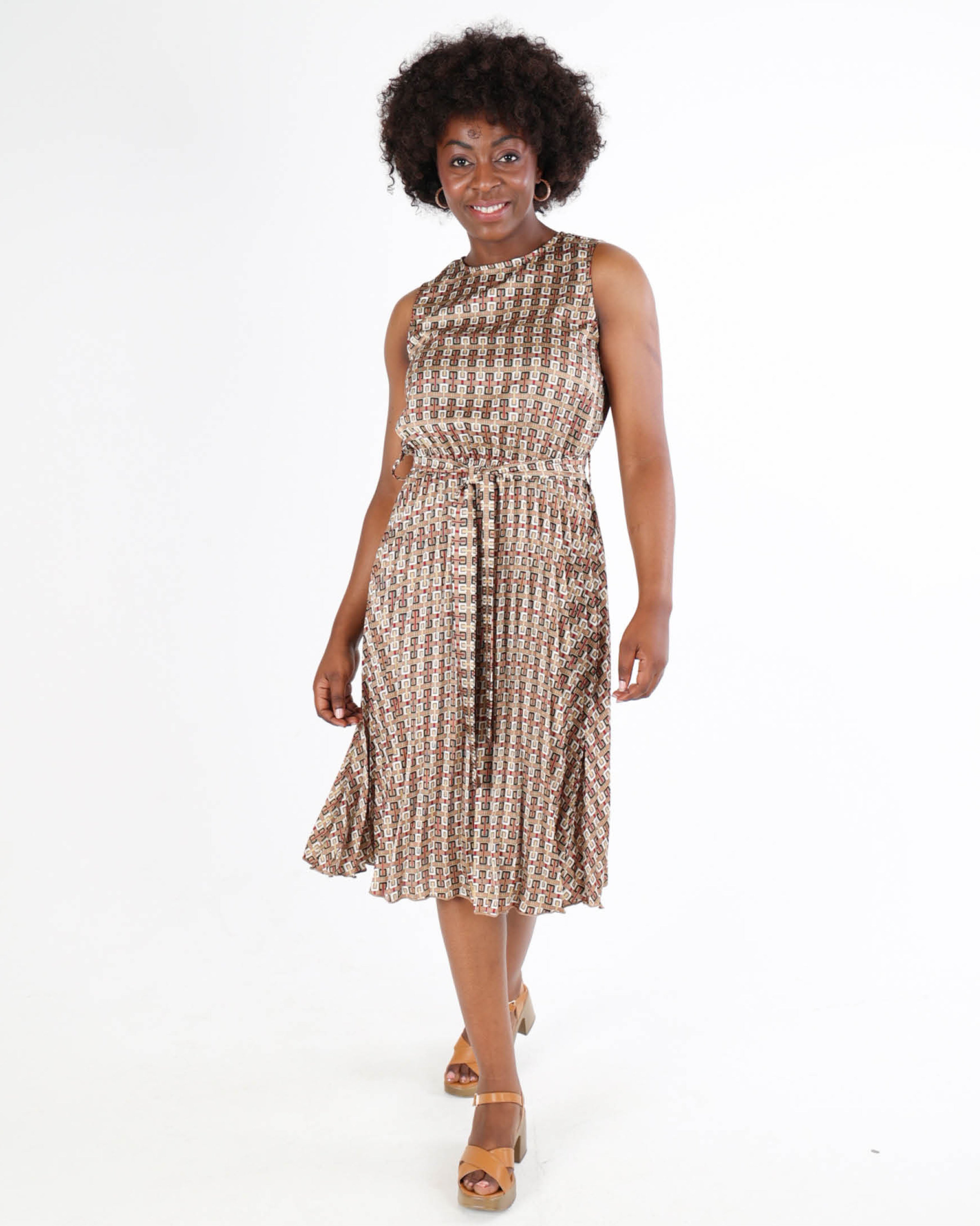 Belted Pleated Geometric Dress
