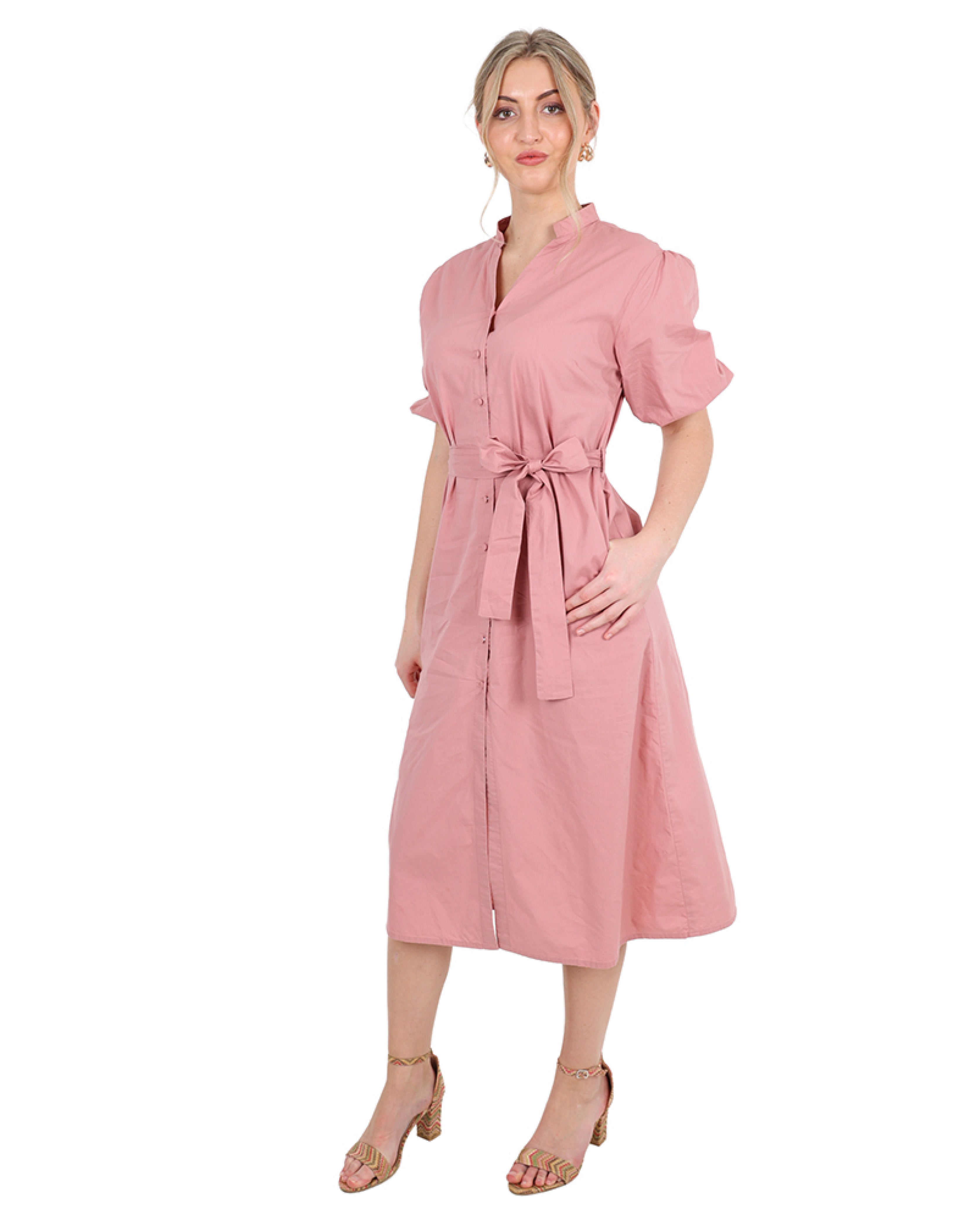Short Puff Sleeve Blushwood Cotton Midi Shirt Dress