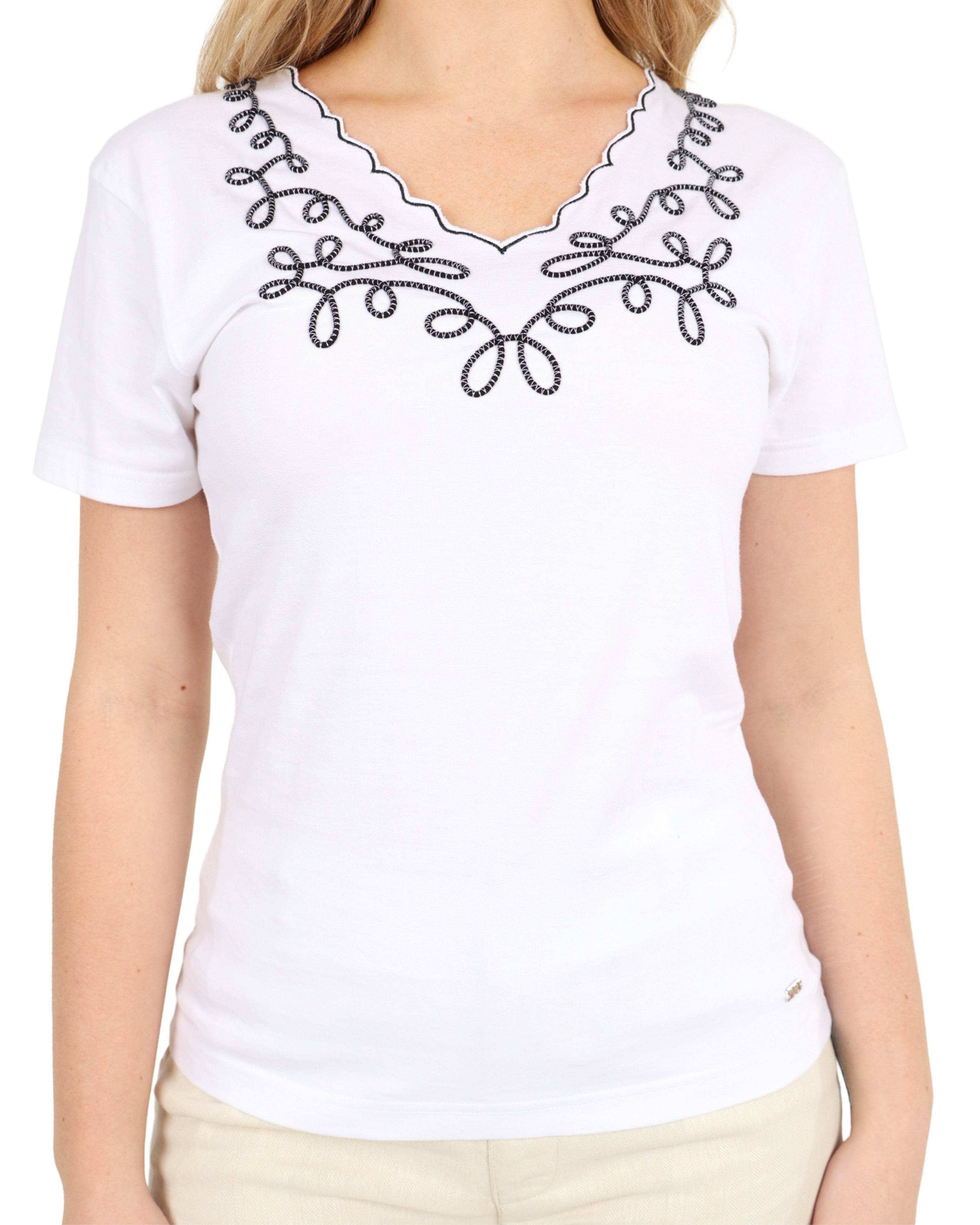 White Short Sleeve Petal Embroidered Neckline Top