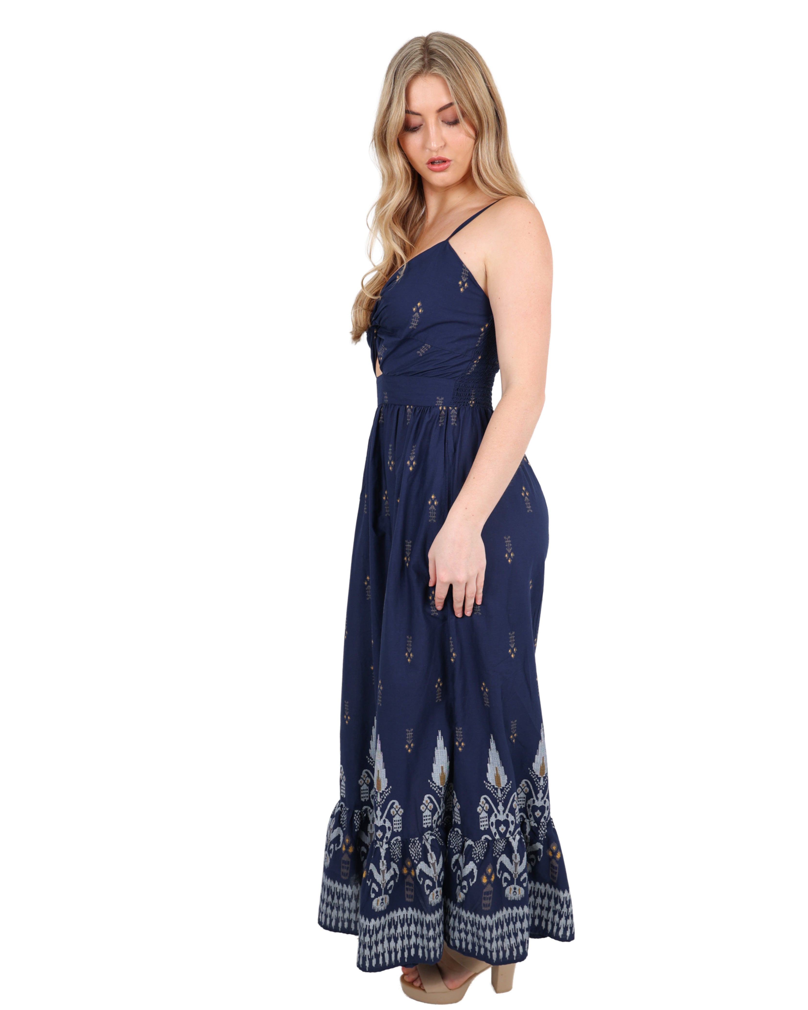 Strappy Azure Border Cotton Maxi Dress