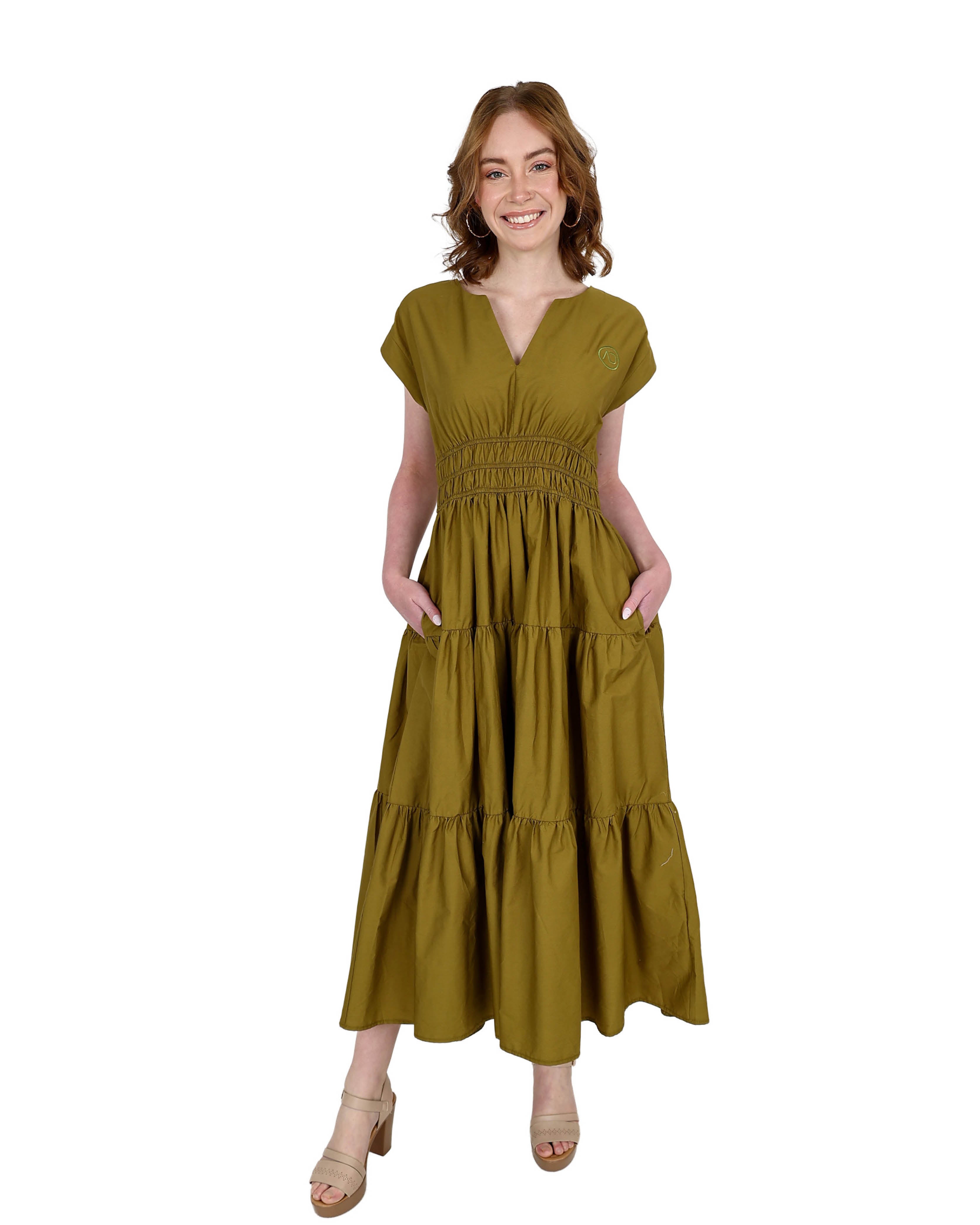 Graceful Olive Cap Sleeve Cotton Maxi Tiered Dress