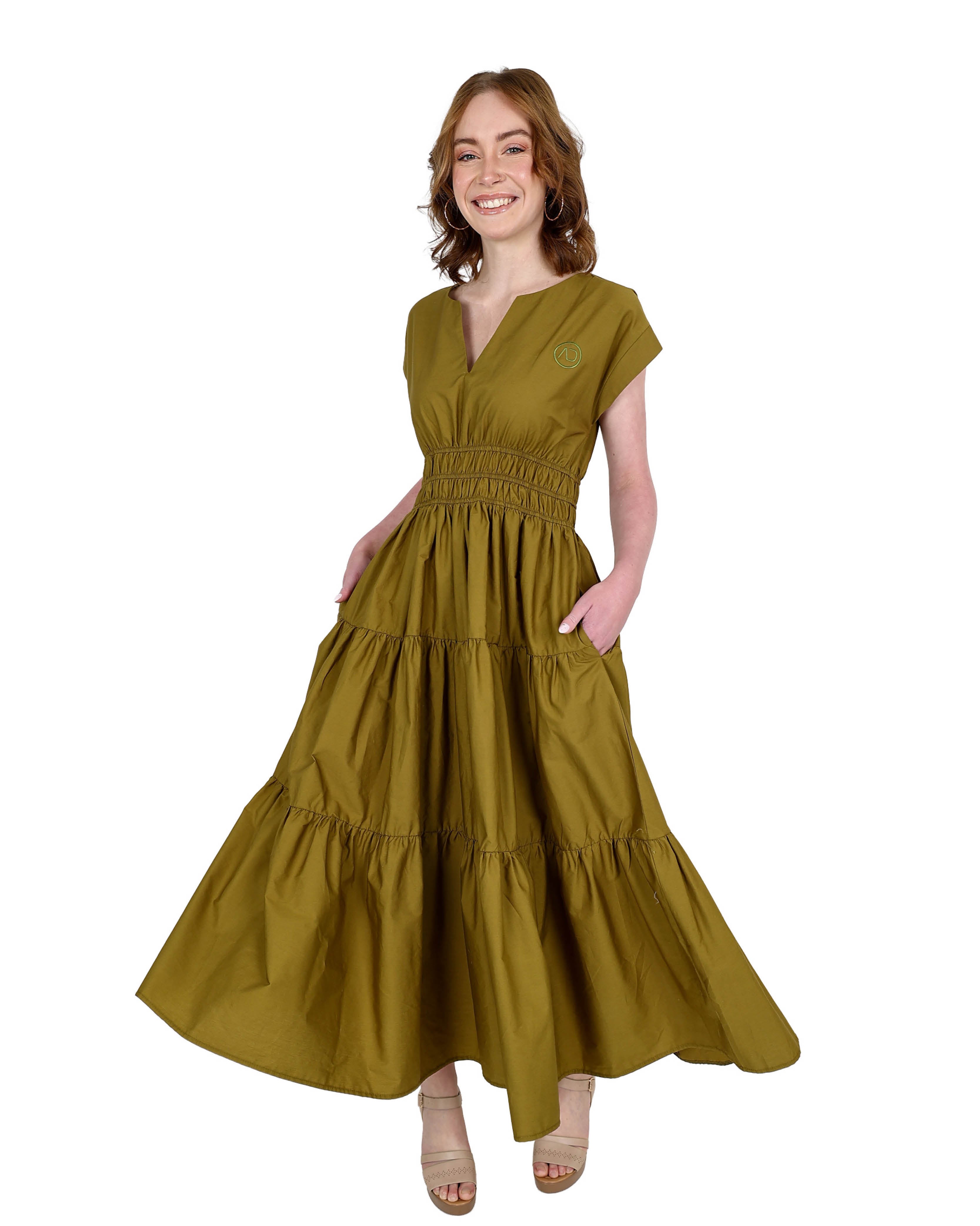 Graceful Olive Cap Sleeve Cotton Maxi Tiered Dress