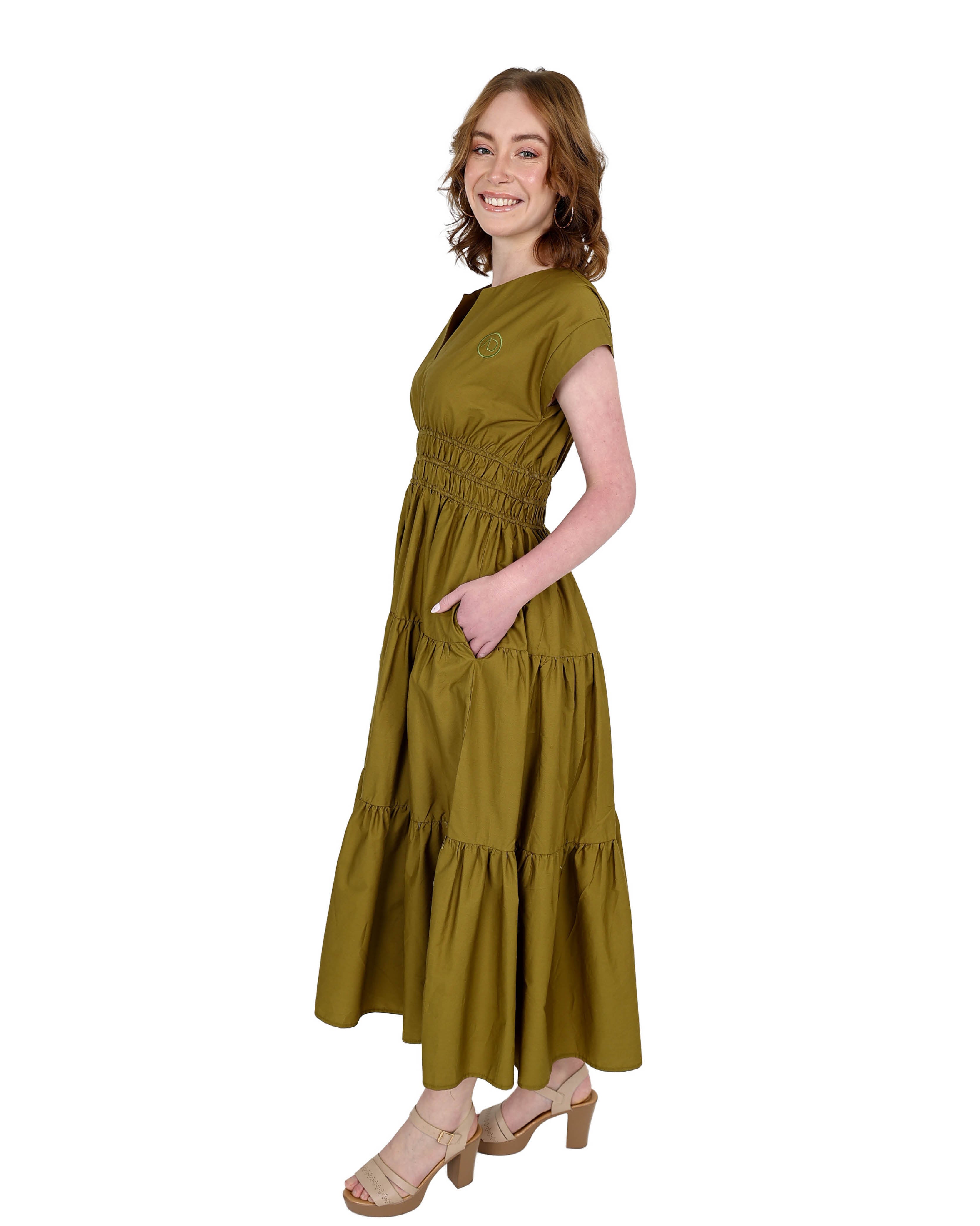 Graceful Olive Cap Sleeve Cotton Maxi Tiered Dress