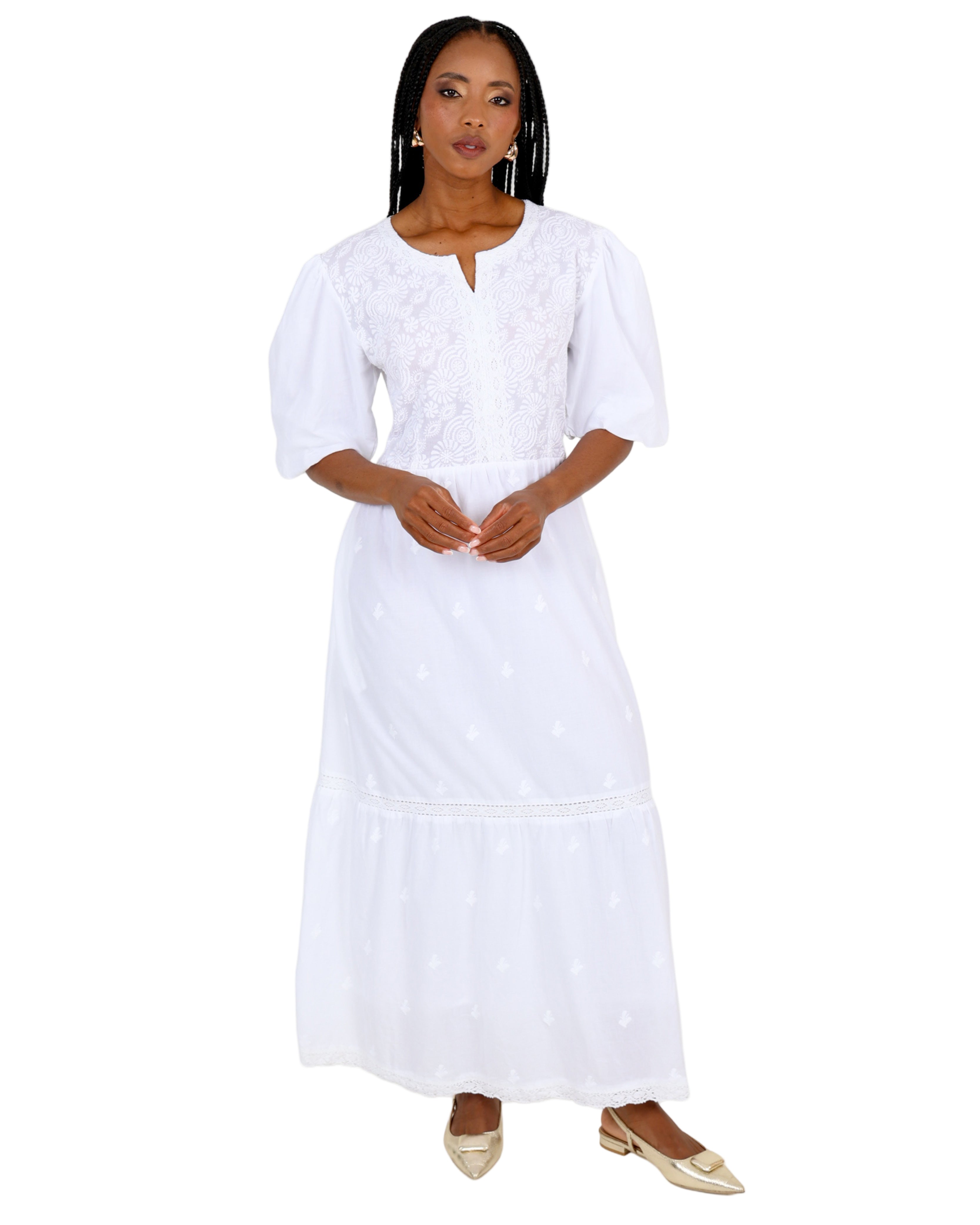 Whispering Lace Puff Sleeve Cotton Maxi Dress