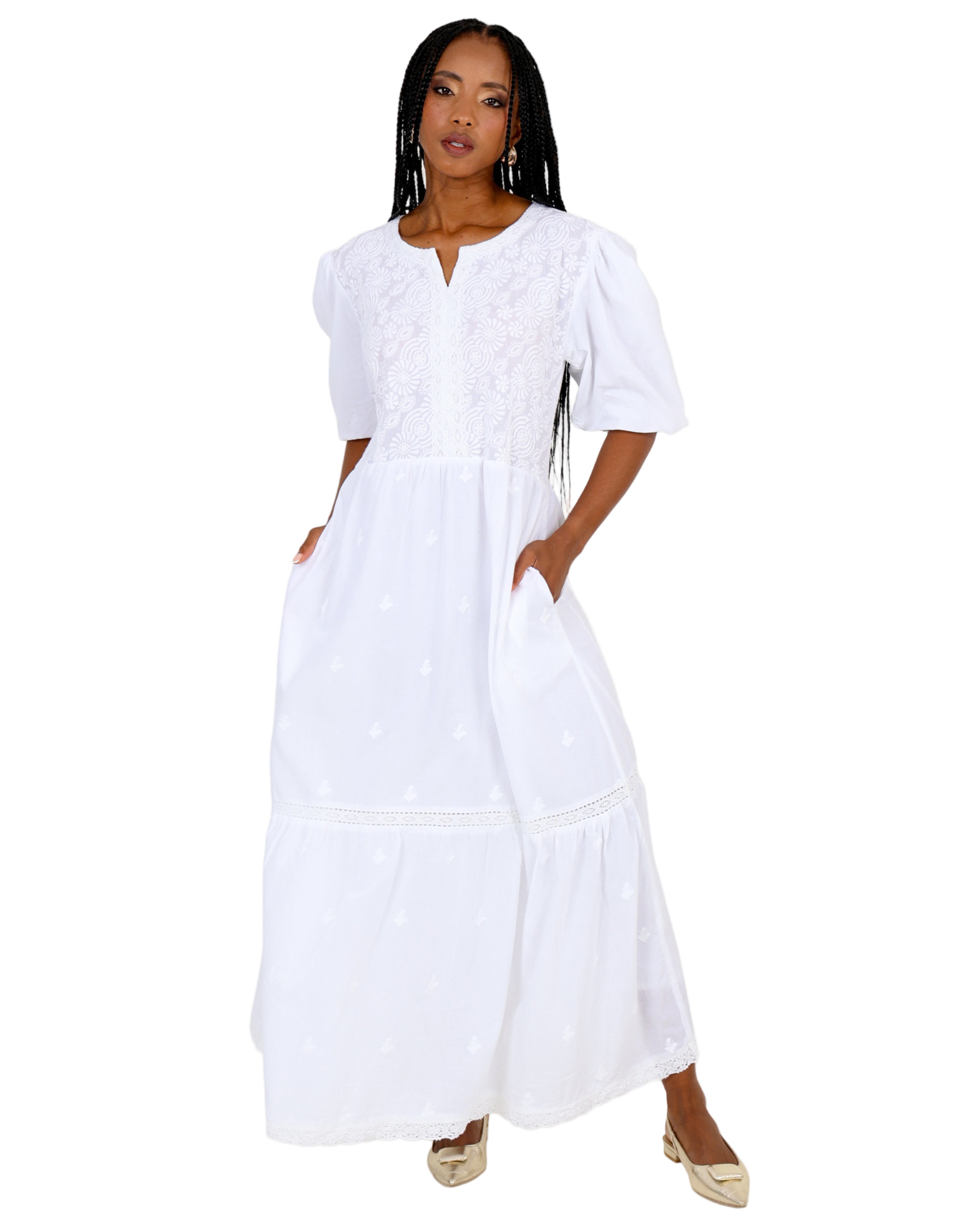 Whispering Lace Puff Sleeve Cotton Maxi Dress