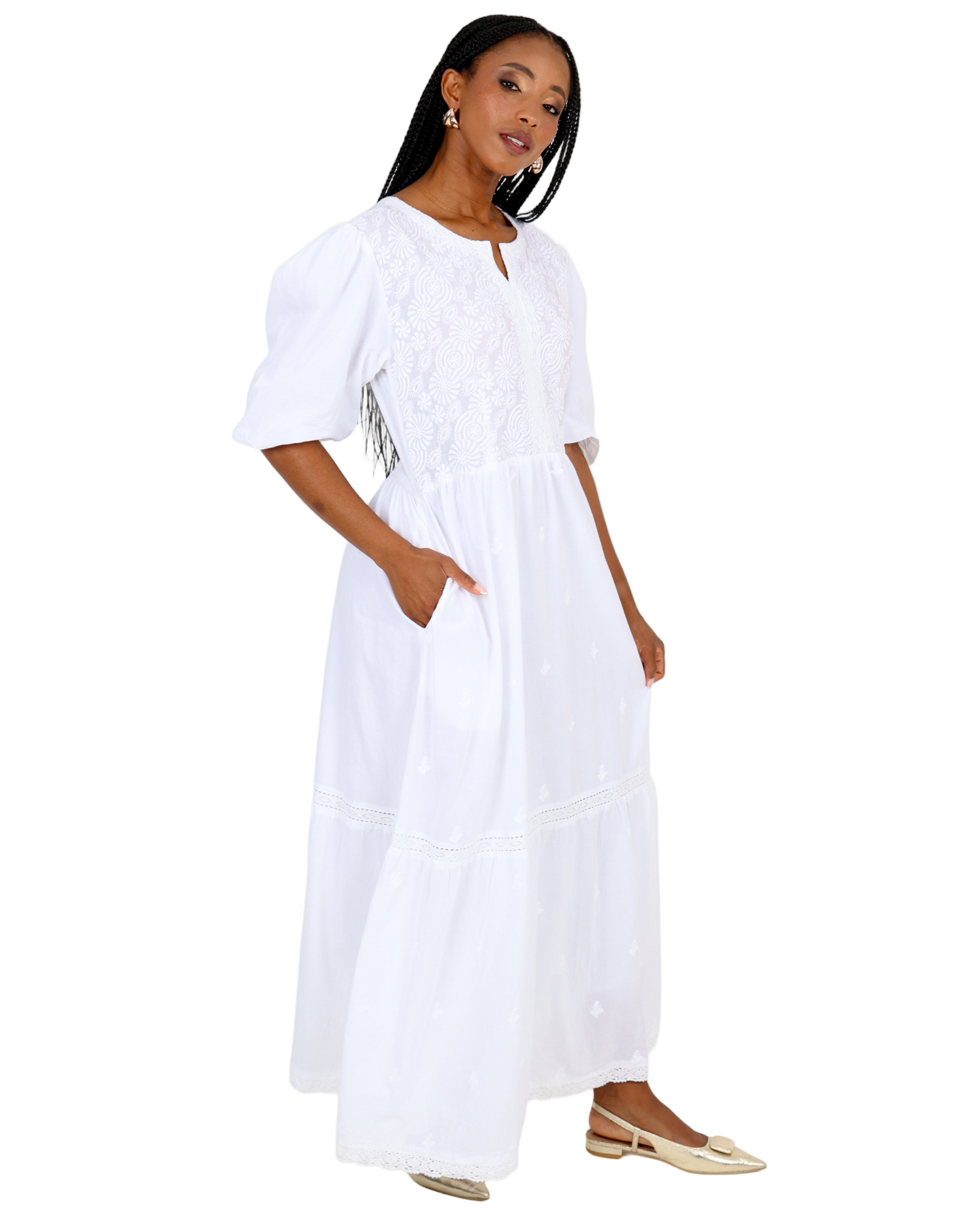 Whispering Lace Puff Sleeve Cotton Maxi Dress