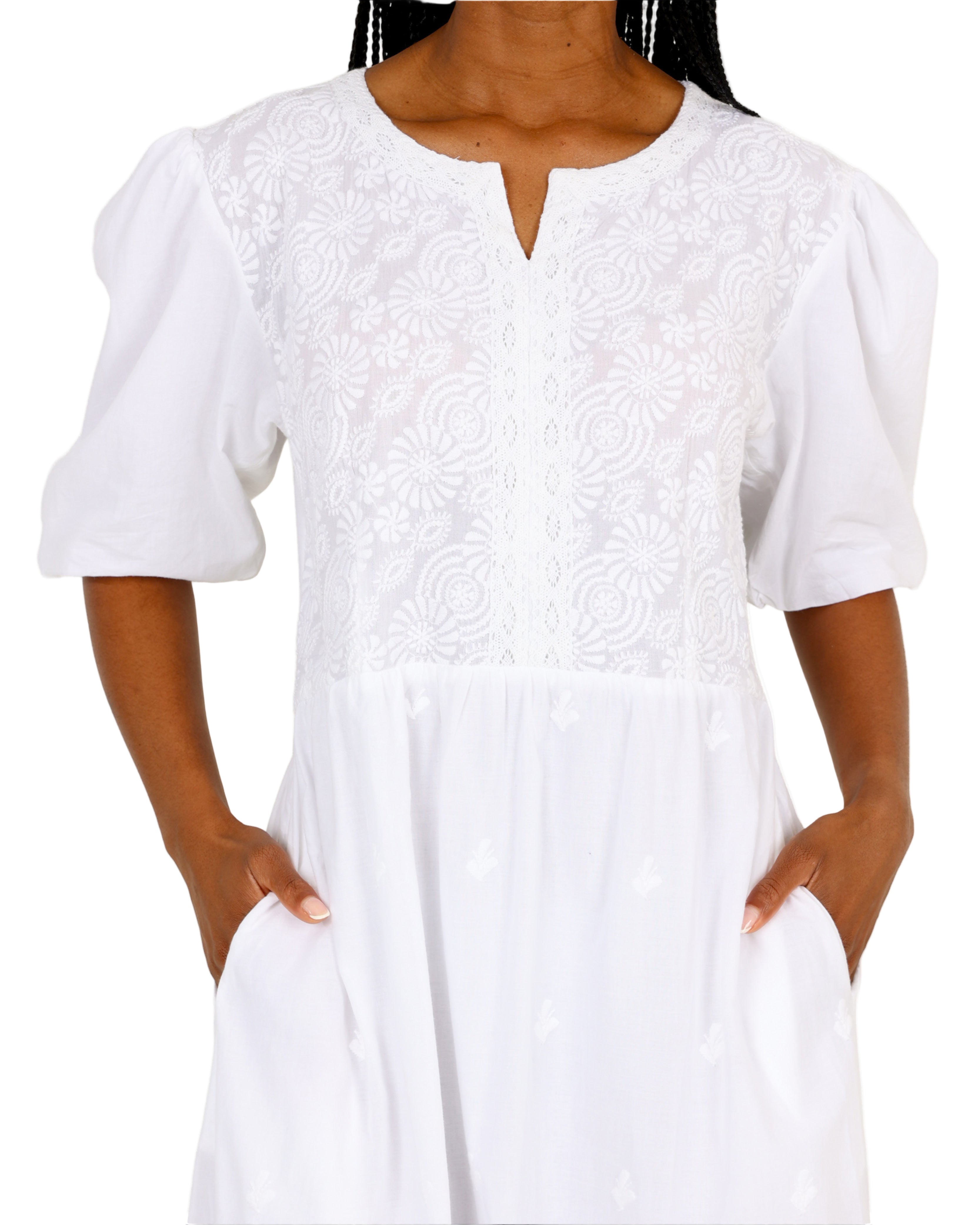 Whispering Lace Puff Sleeve Cotton Maxi Dress