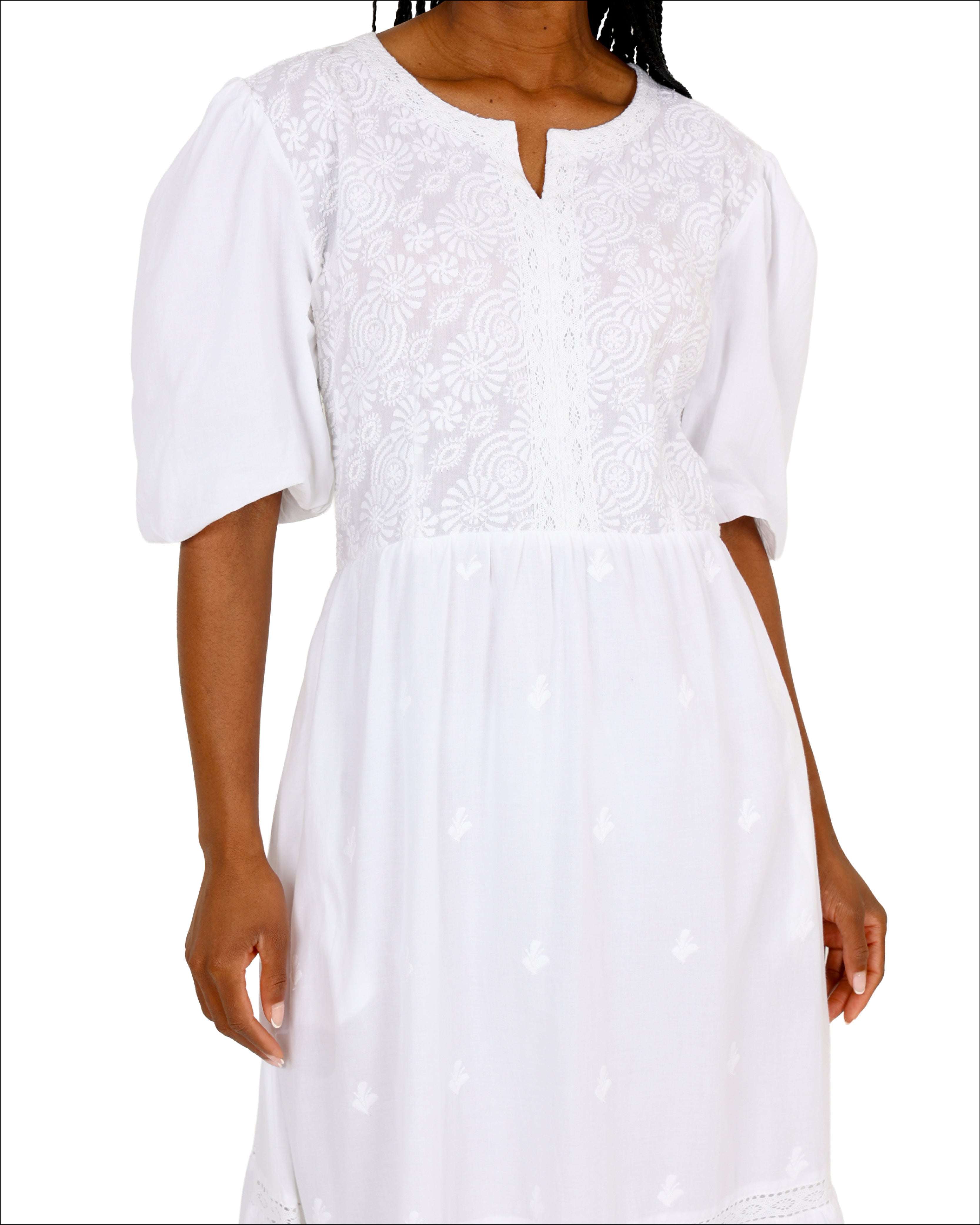Whispering Lace Puff Sleeve Cotton Maxi Dress