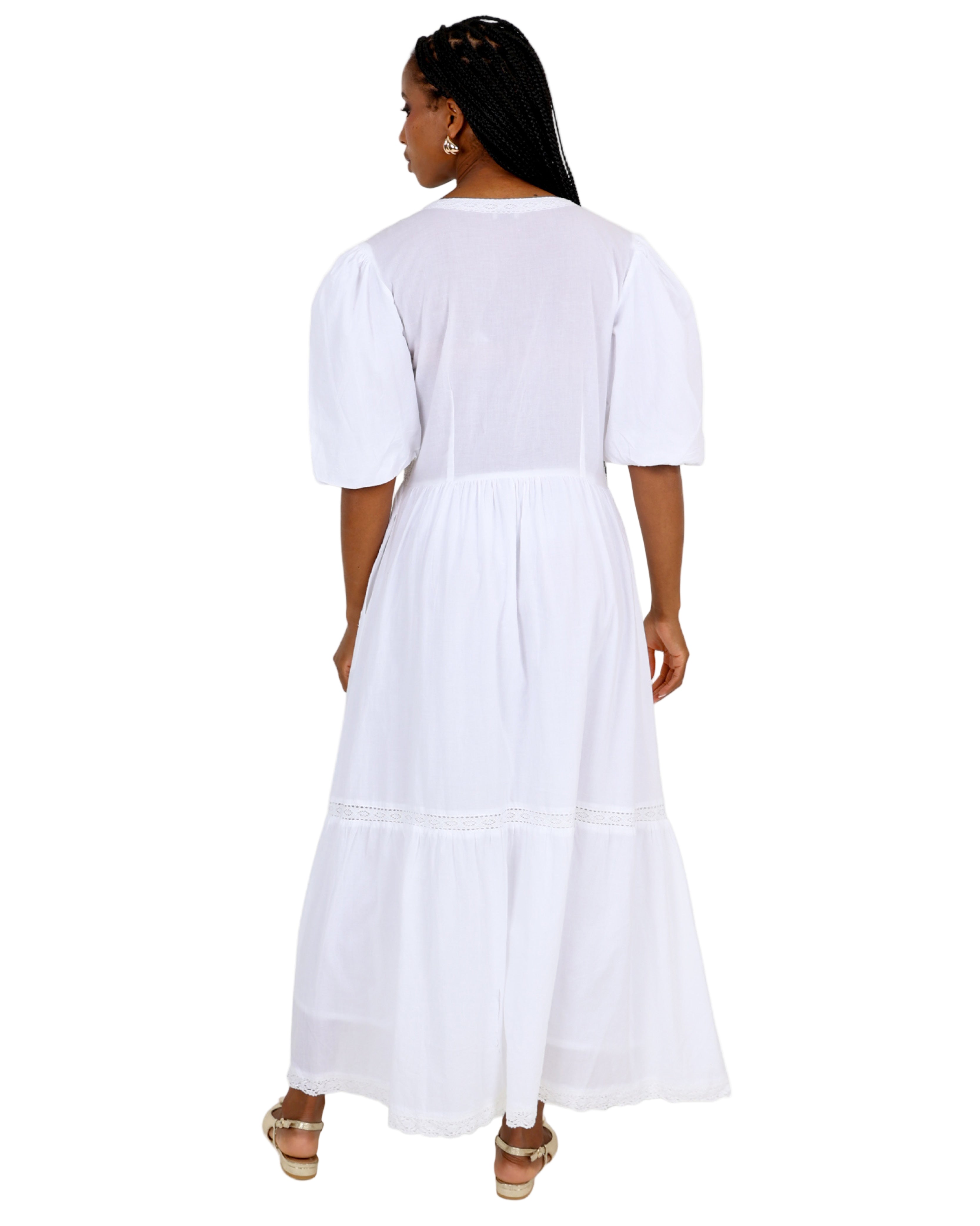 Whispering Lace Puff Sleeve Cotton Maxi Dress