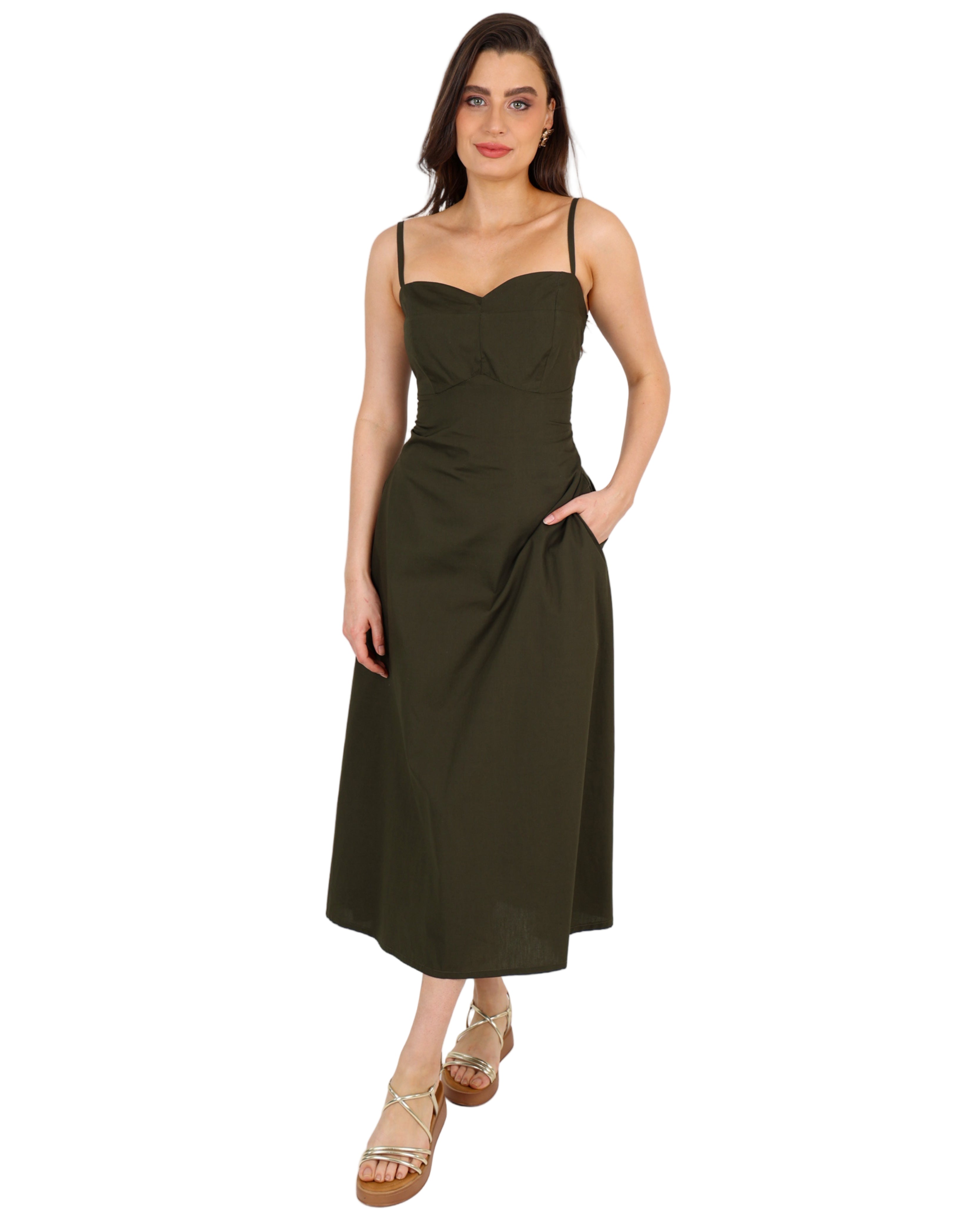 Back Lace Up Midi Cotton Flared Dress