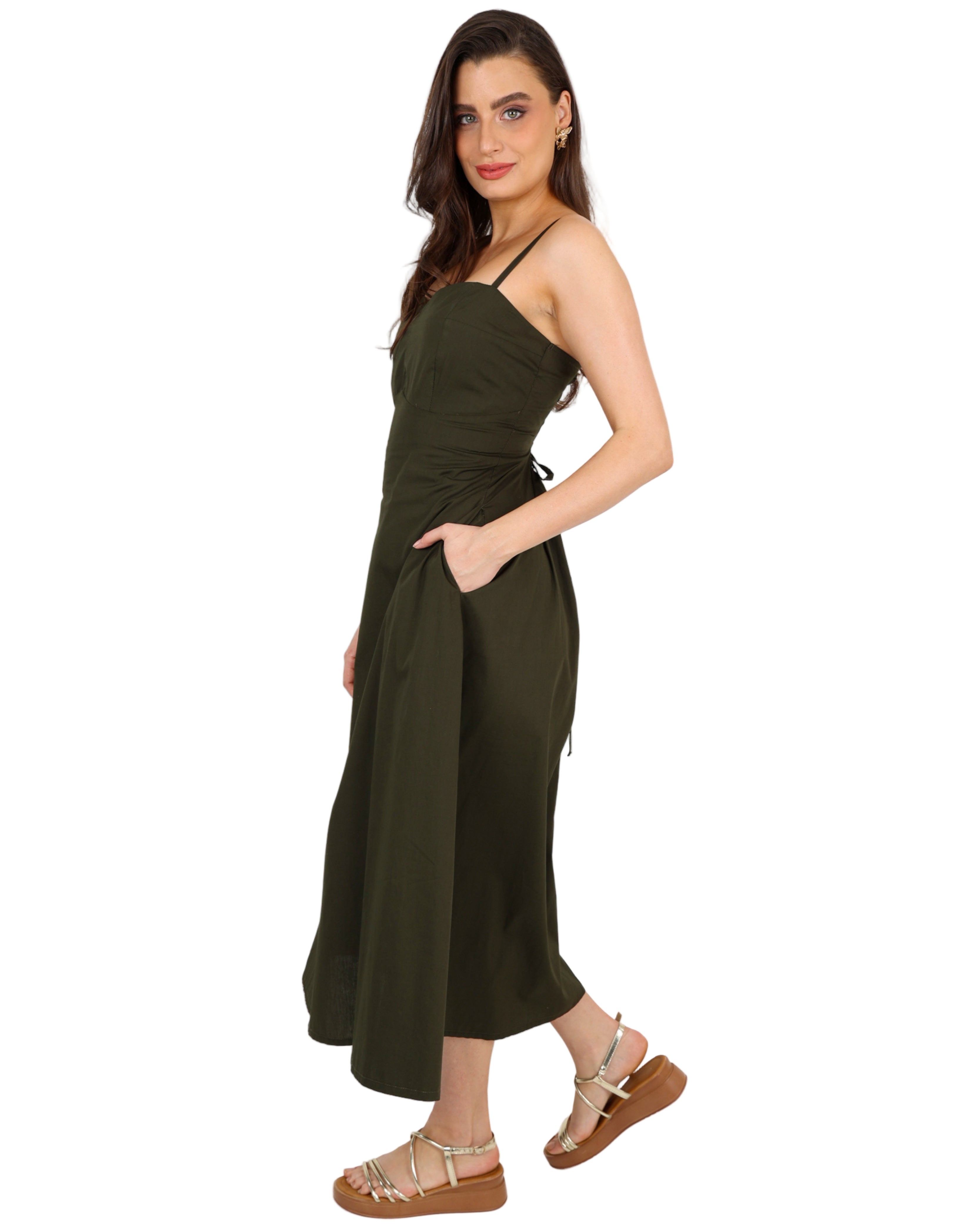 Back Lace Up Midi Cotton Flared Dress