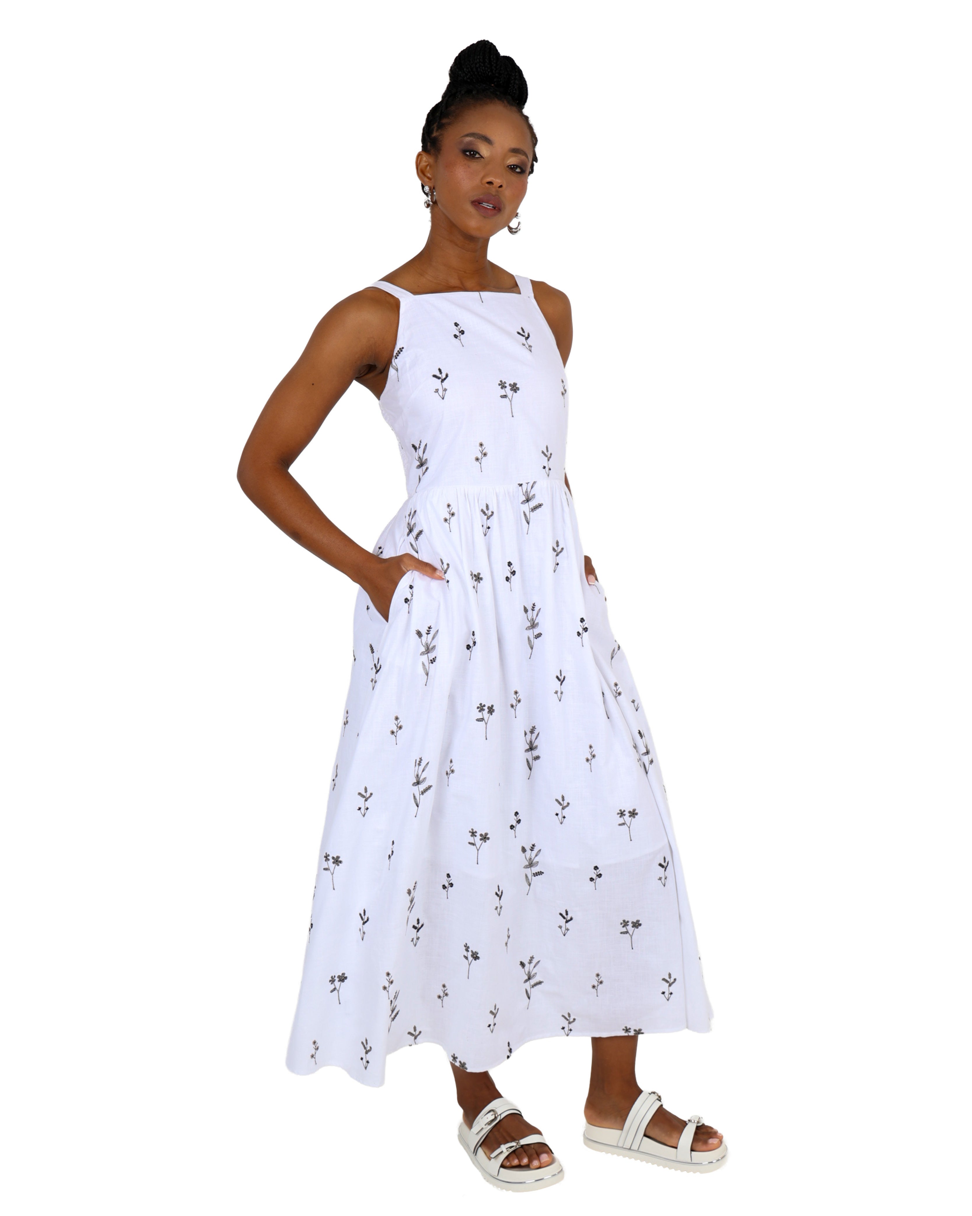 Strappy Embroidered Floral Muse Cotton Maxi Dress