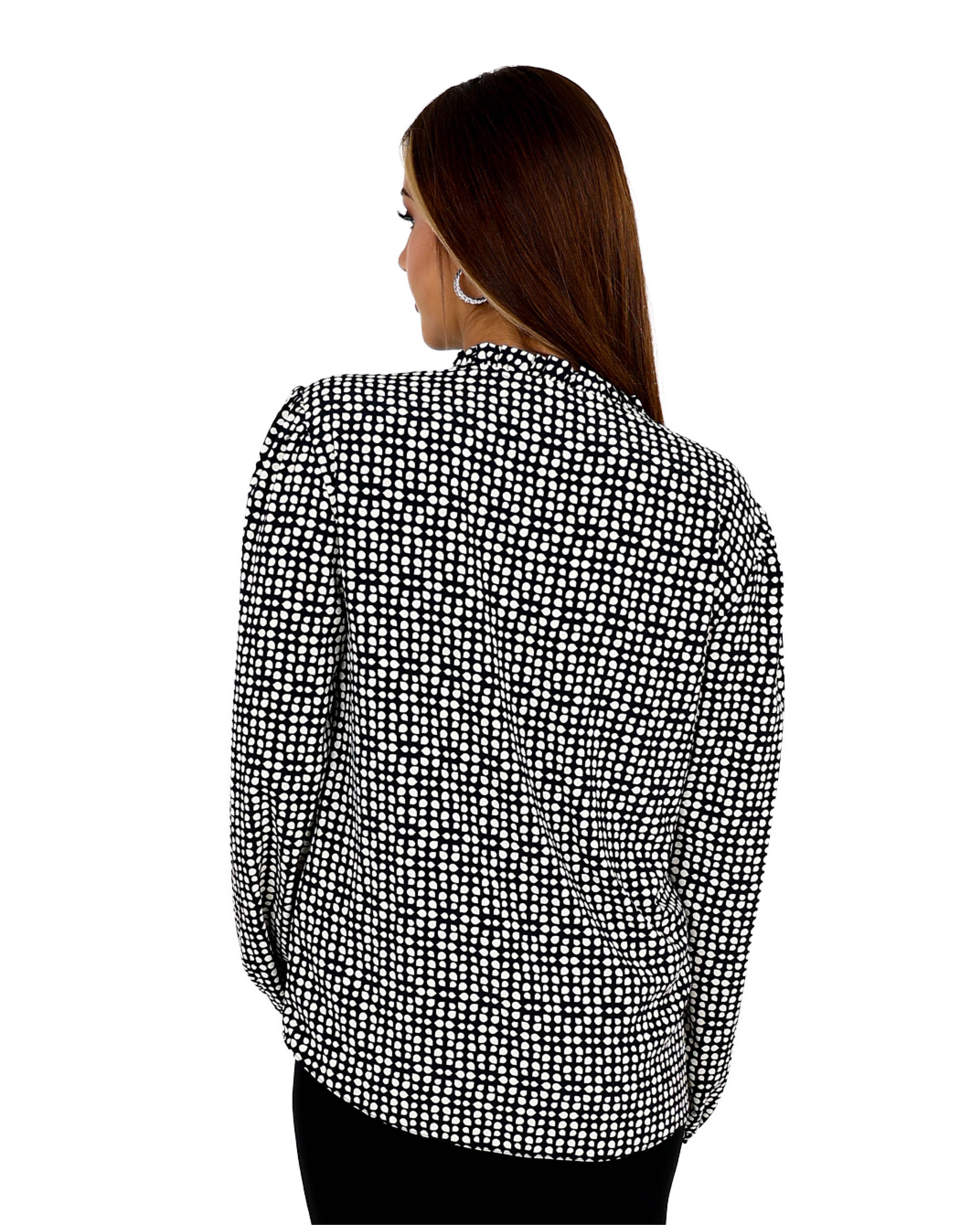 Long Sleeve Henley Geometric Black Blouse