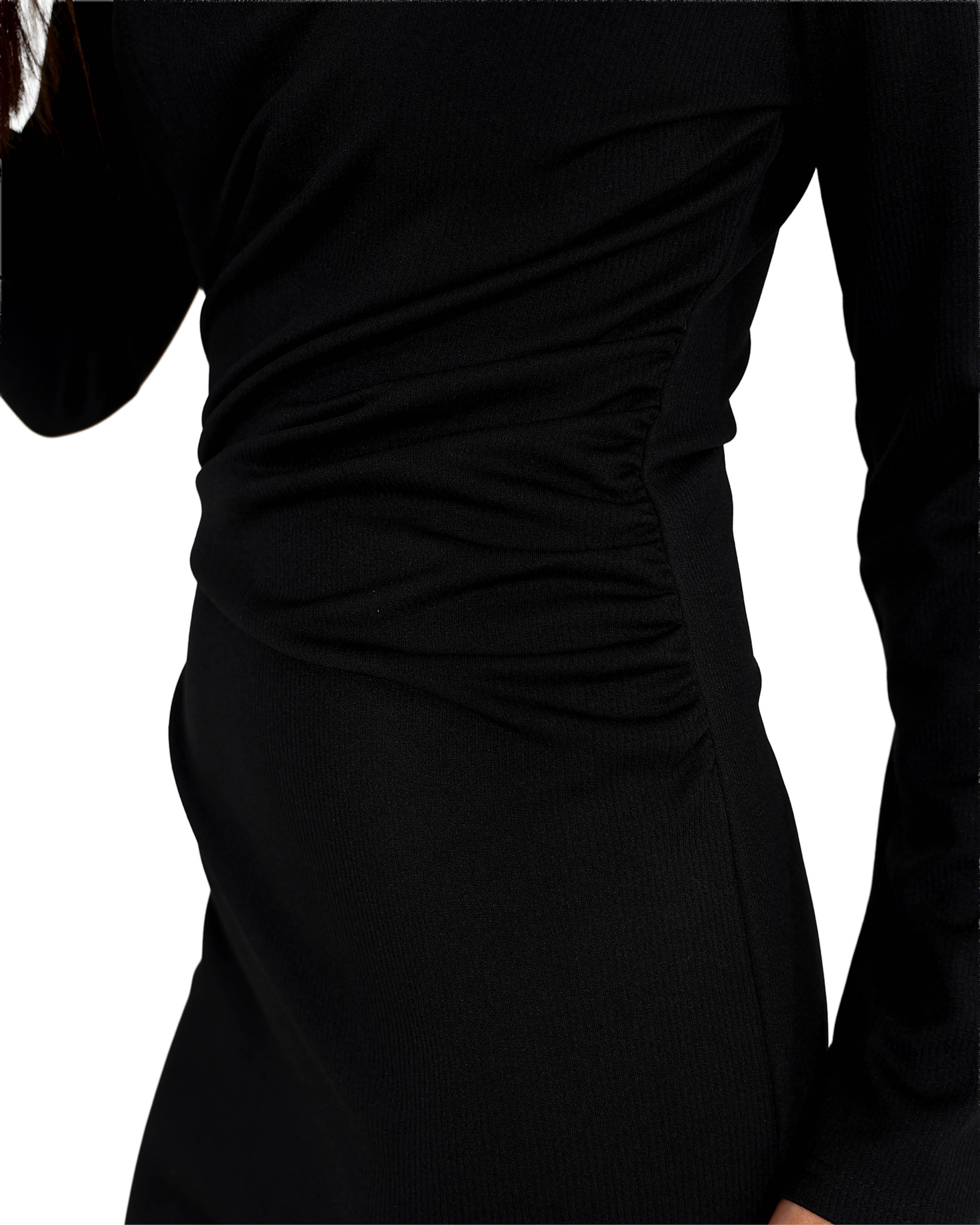 Black Side Ruched Long Sleeve Ribbed Midi Dress