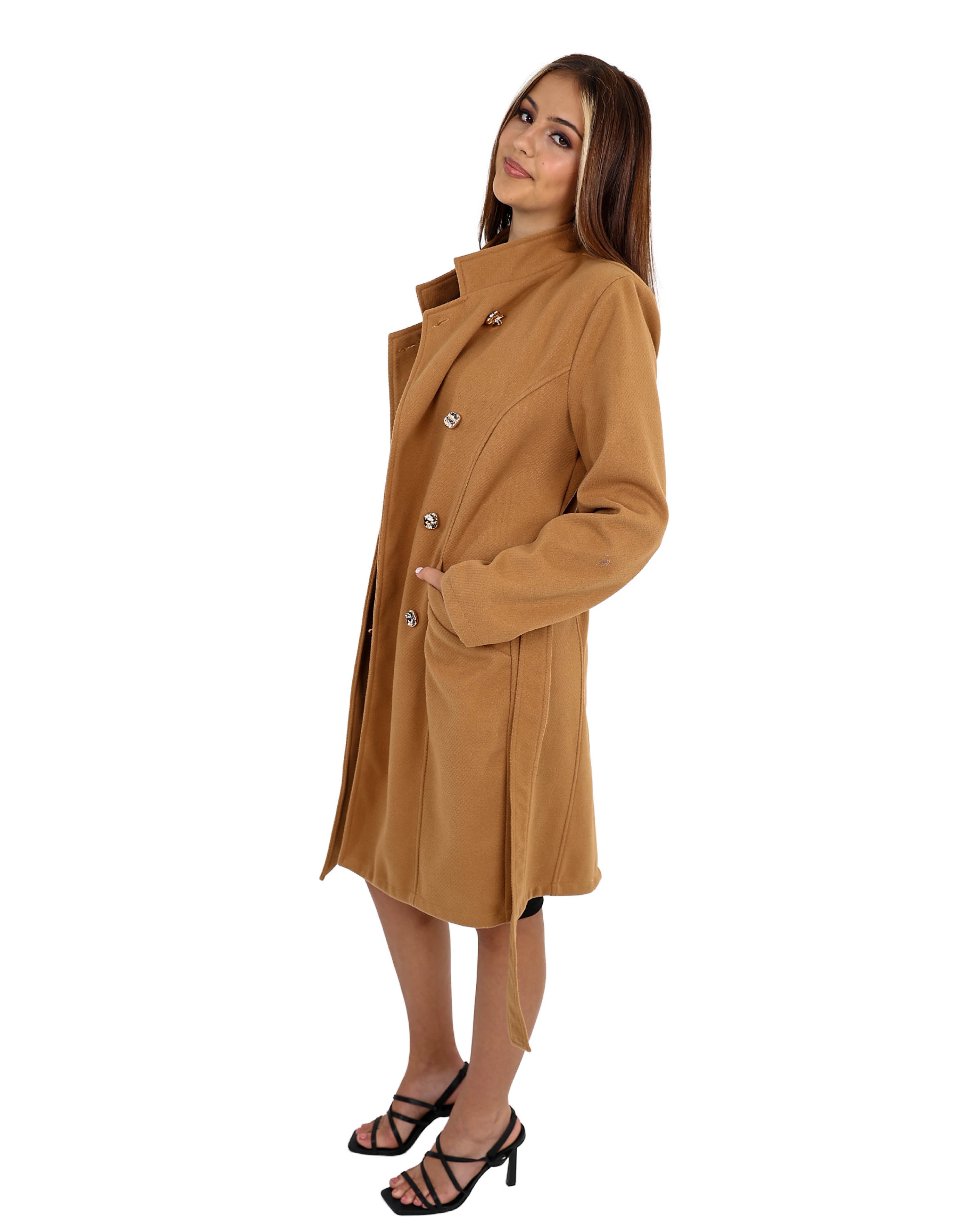 Stone Button Up Belted Wrap Coat