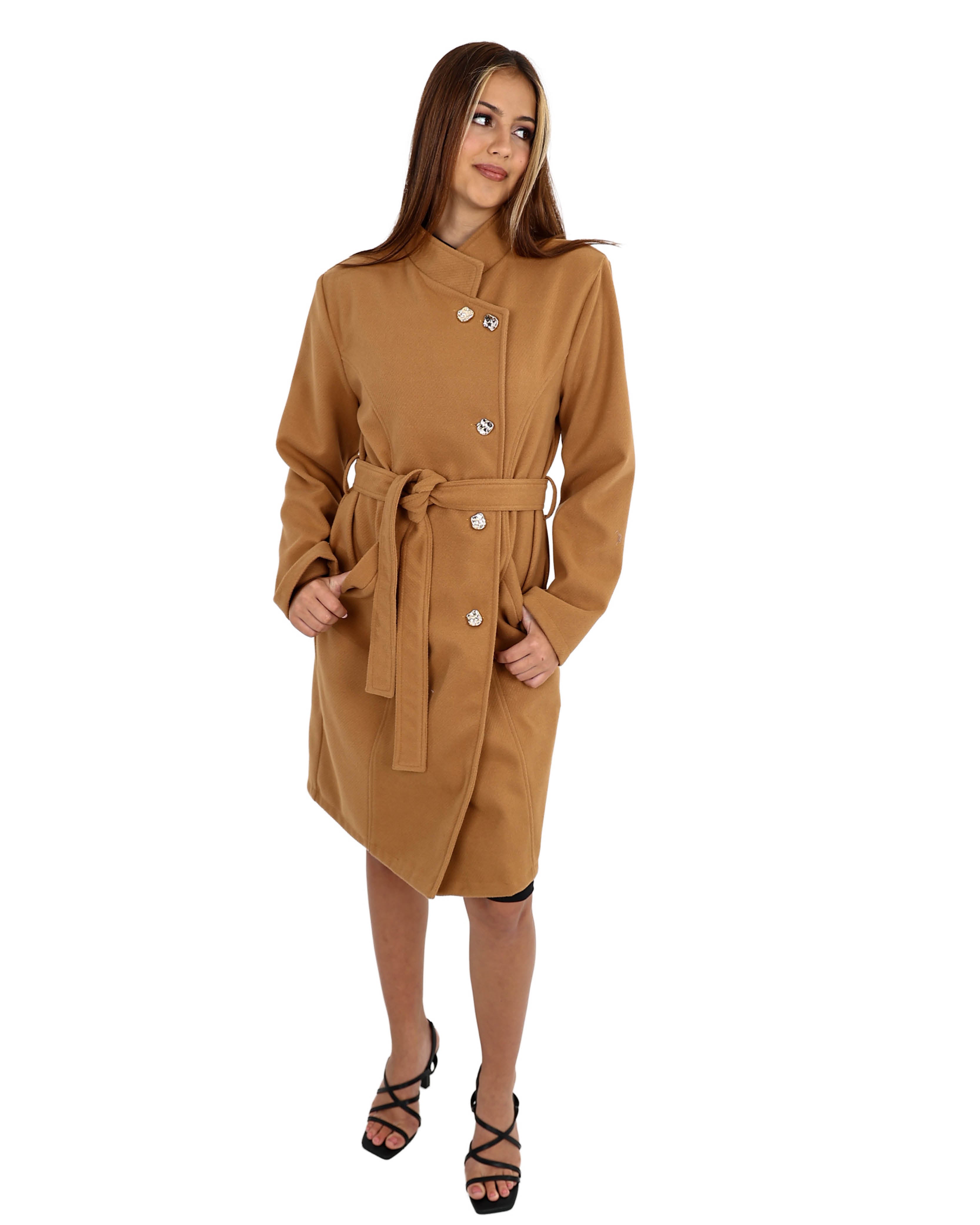 Stone Button Up Belted Wrap Coat