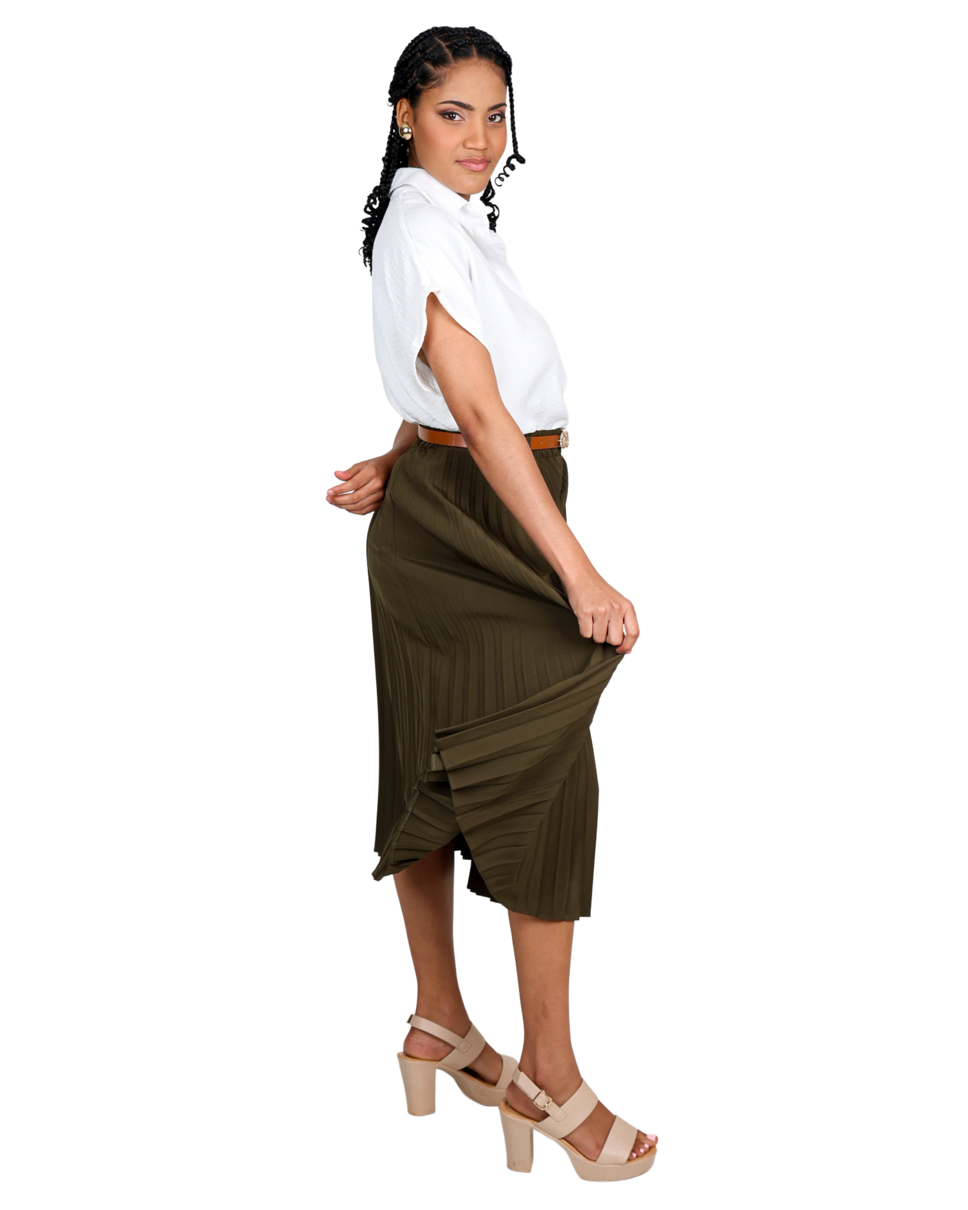 Olive Pleated Midi Skirt with Belt
