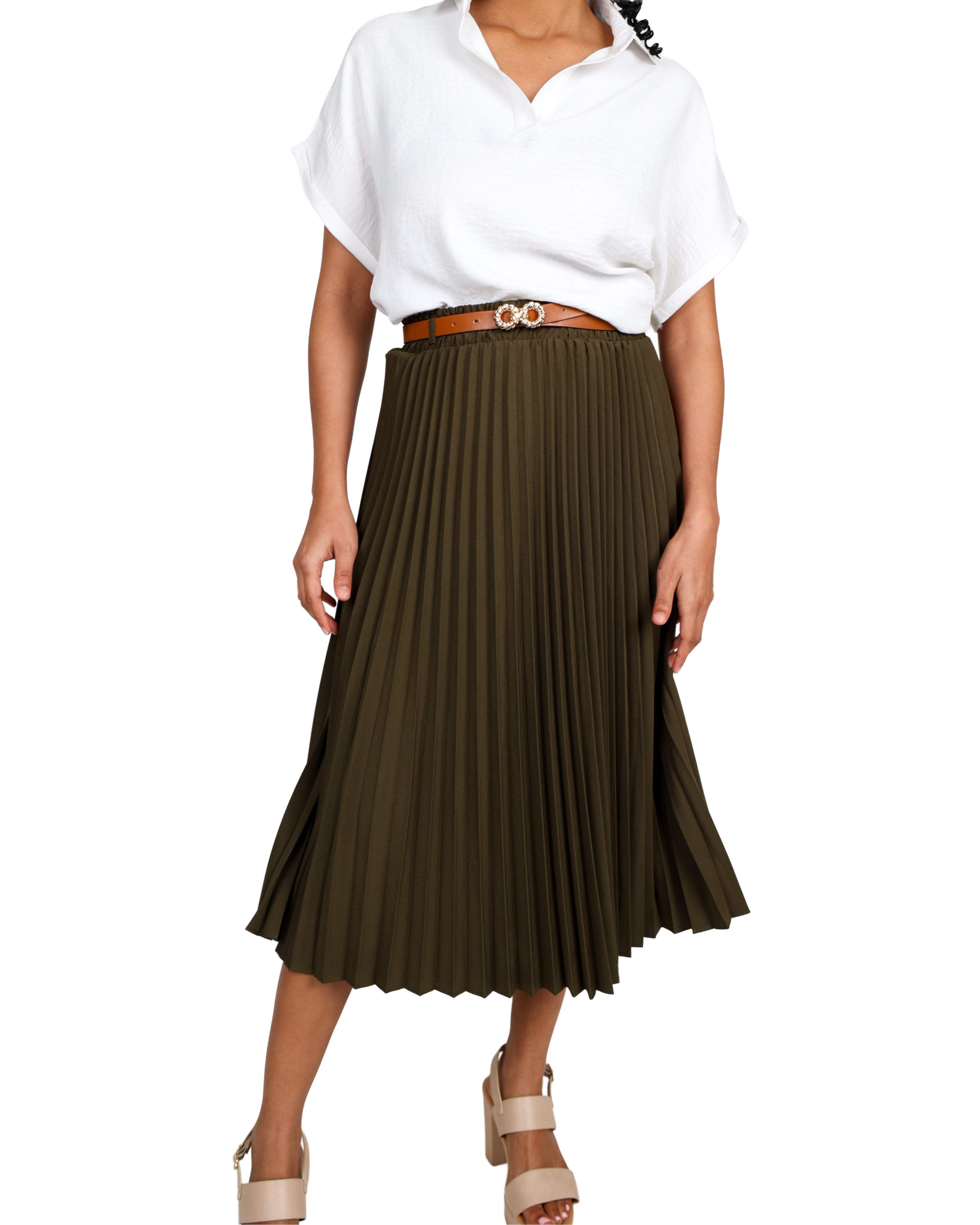 Olive Pleated Midi Skirt with Belt