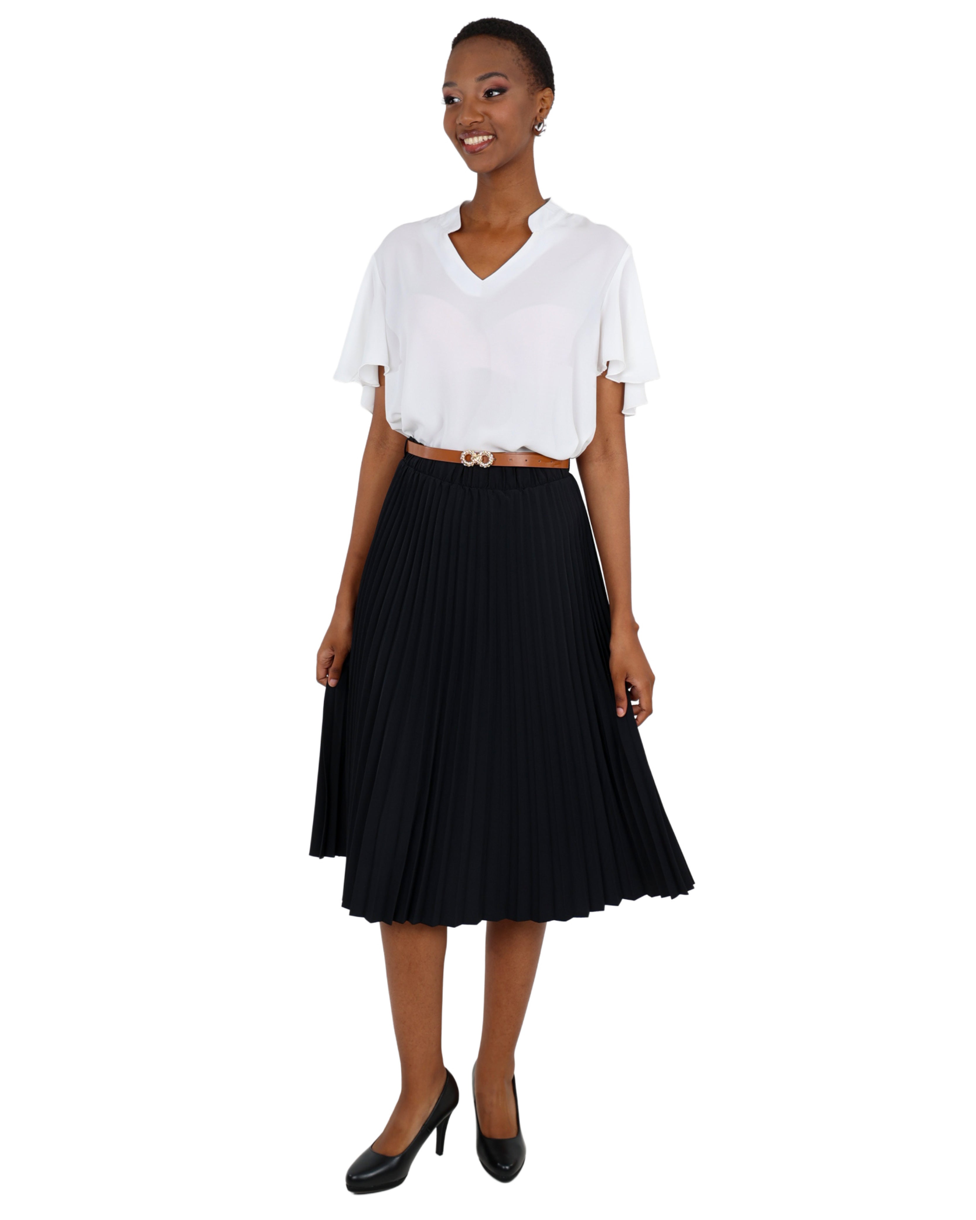 Black Pleated Midi Skirt with Belt