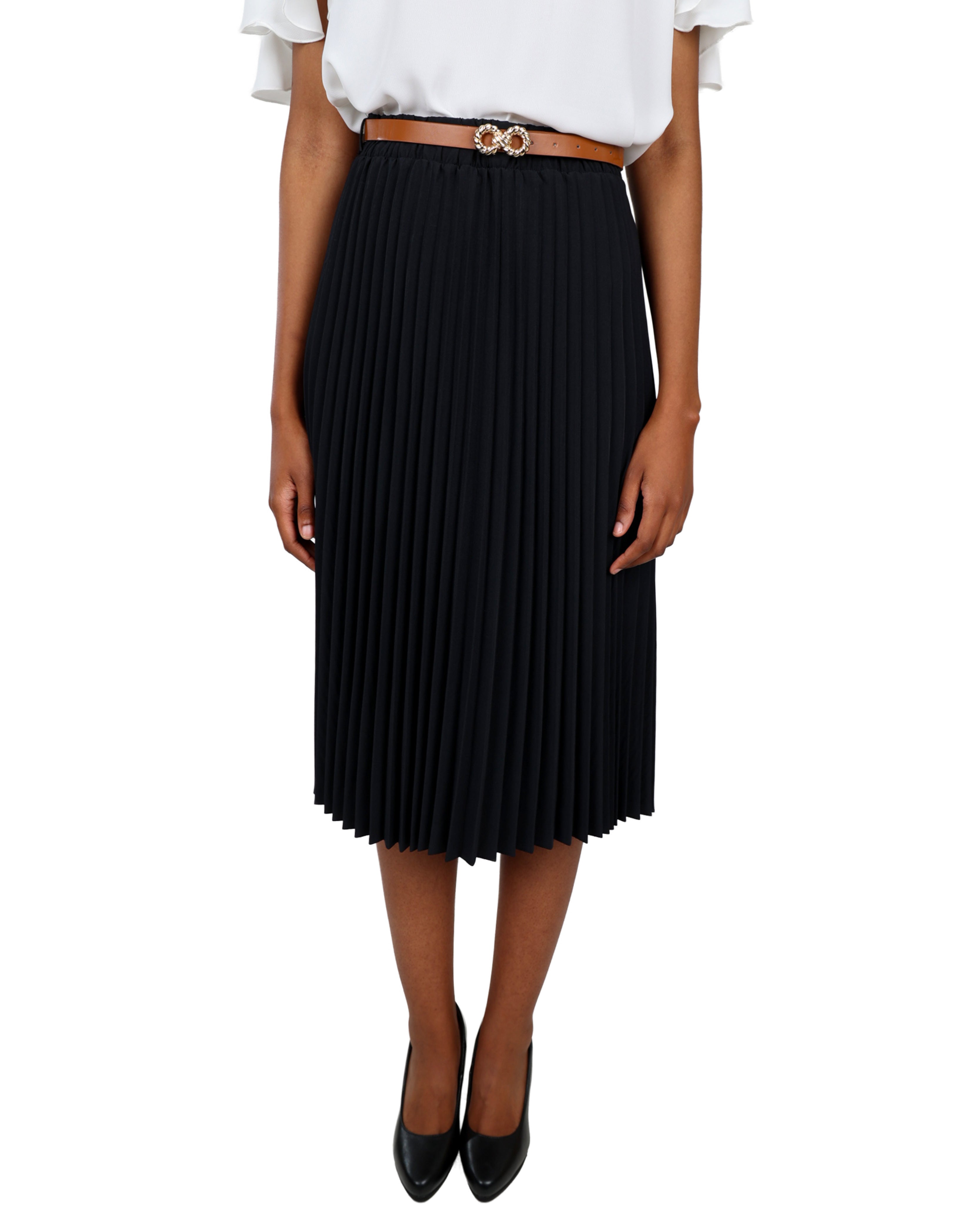 Black Pleated Midi Skirt with Belt