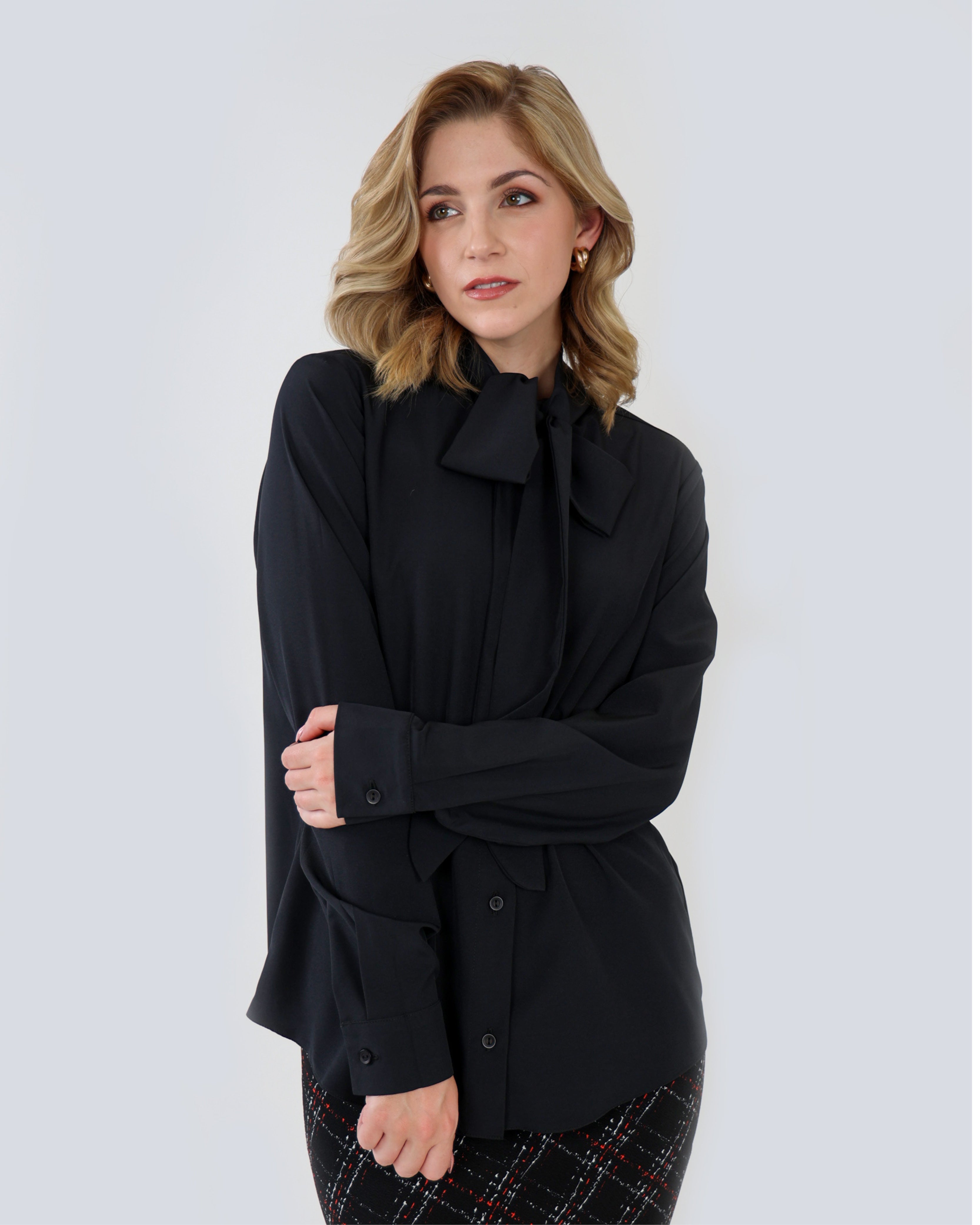 Black Long Sleeve Kitty Bow Blouse