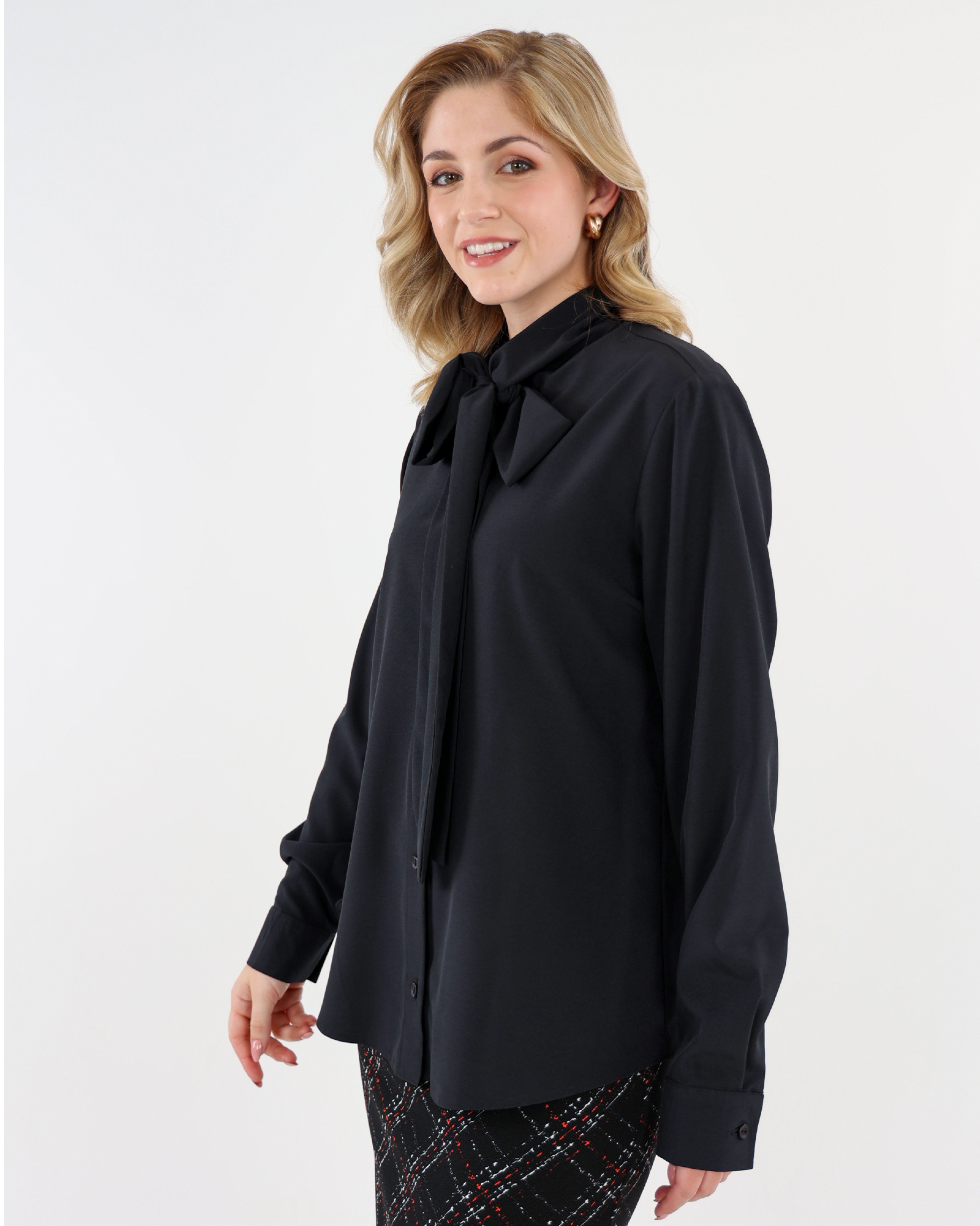 Black Long Sleeve Kitty Bow Blouse