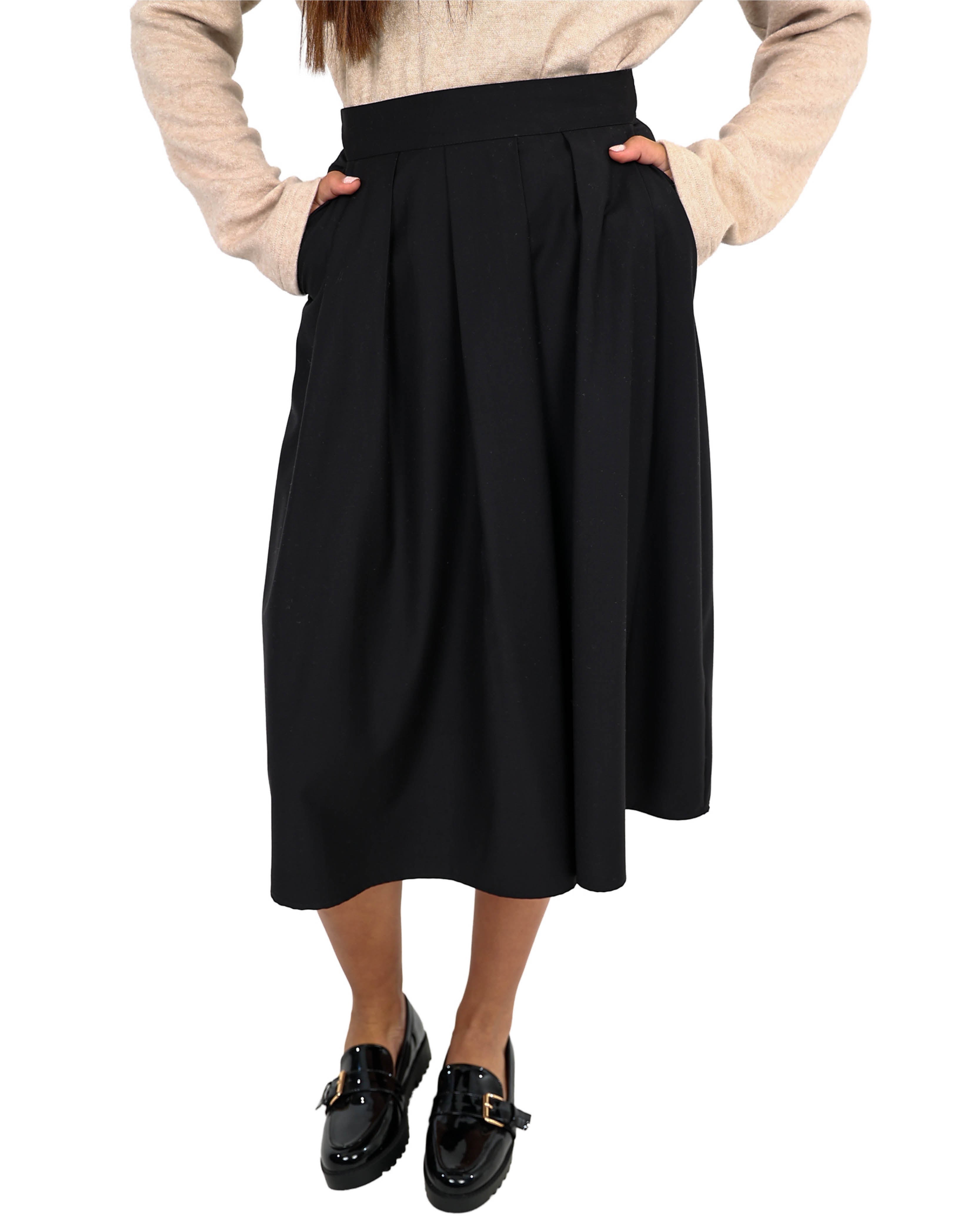 Black Flat Pleat Midi Skirt