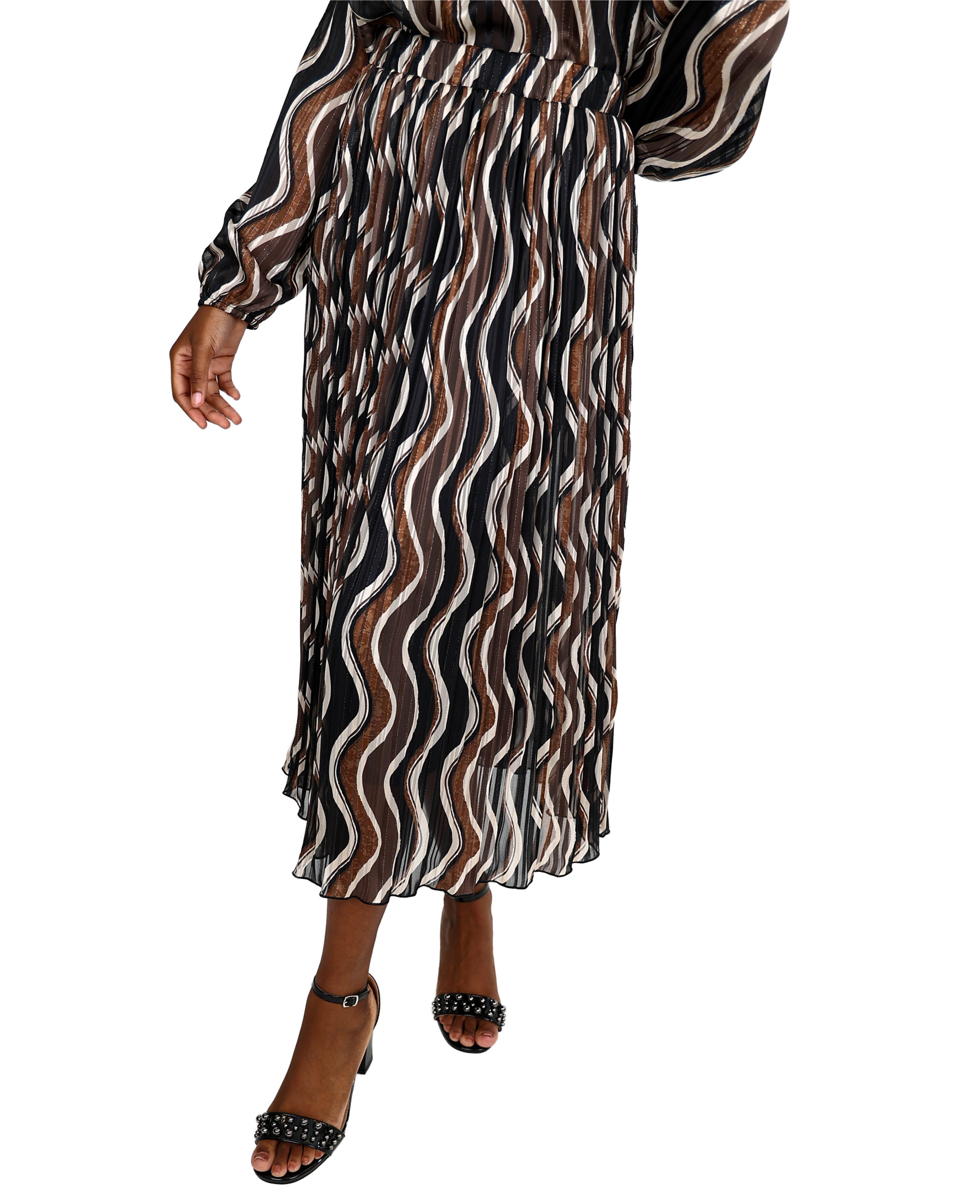 Brown Printed Pleated Lurex Maxi Skirt