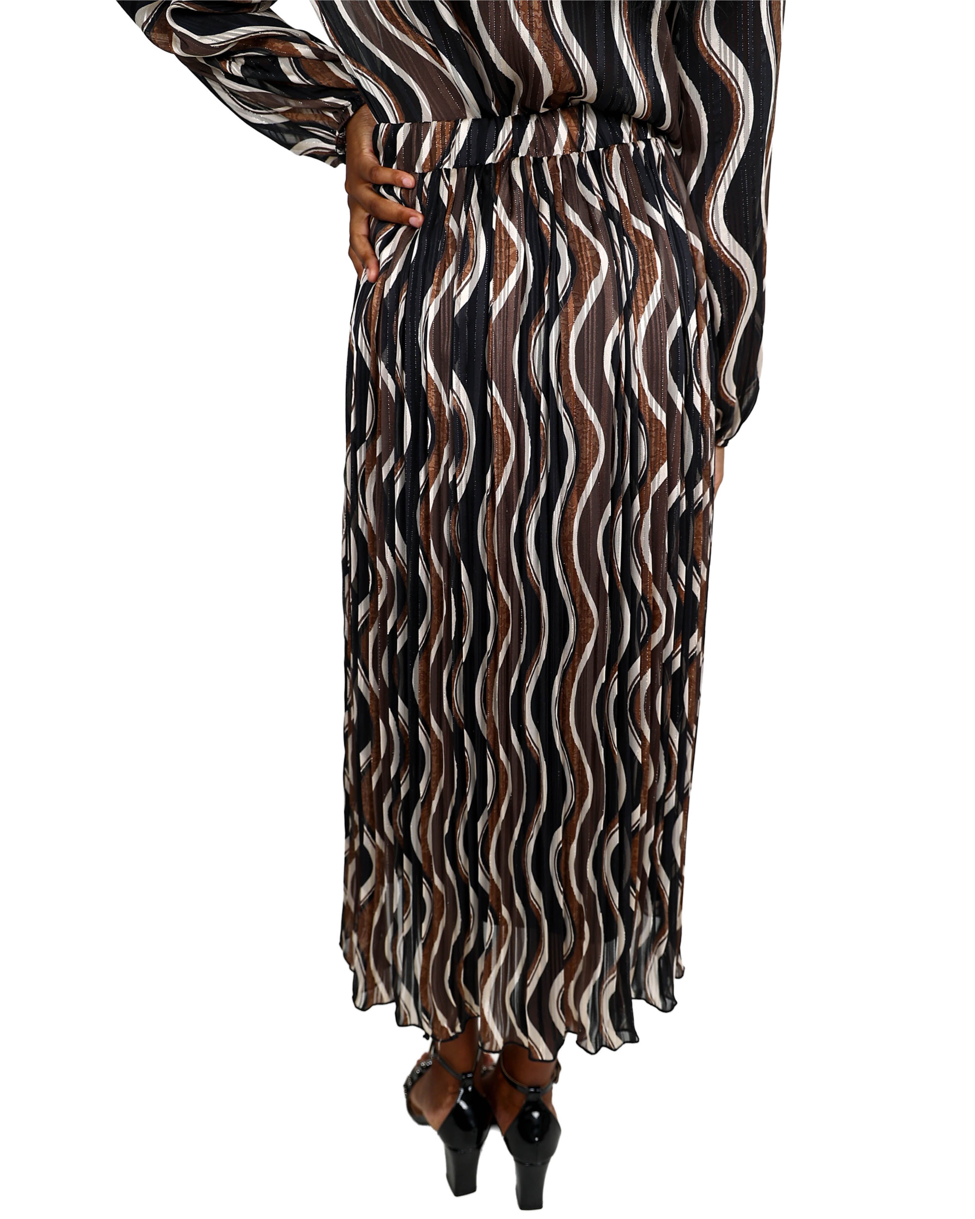 Brown Printed Pleated Lurex Maxi Skirt