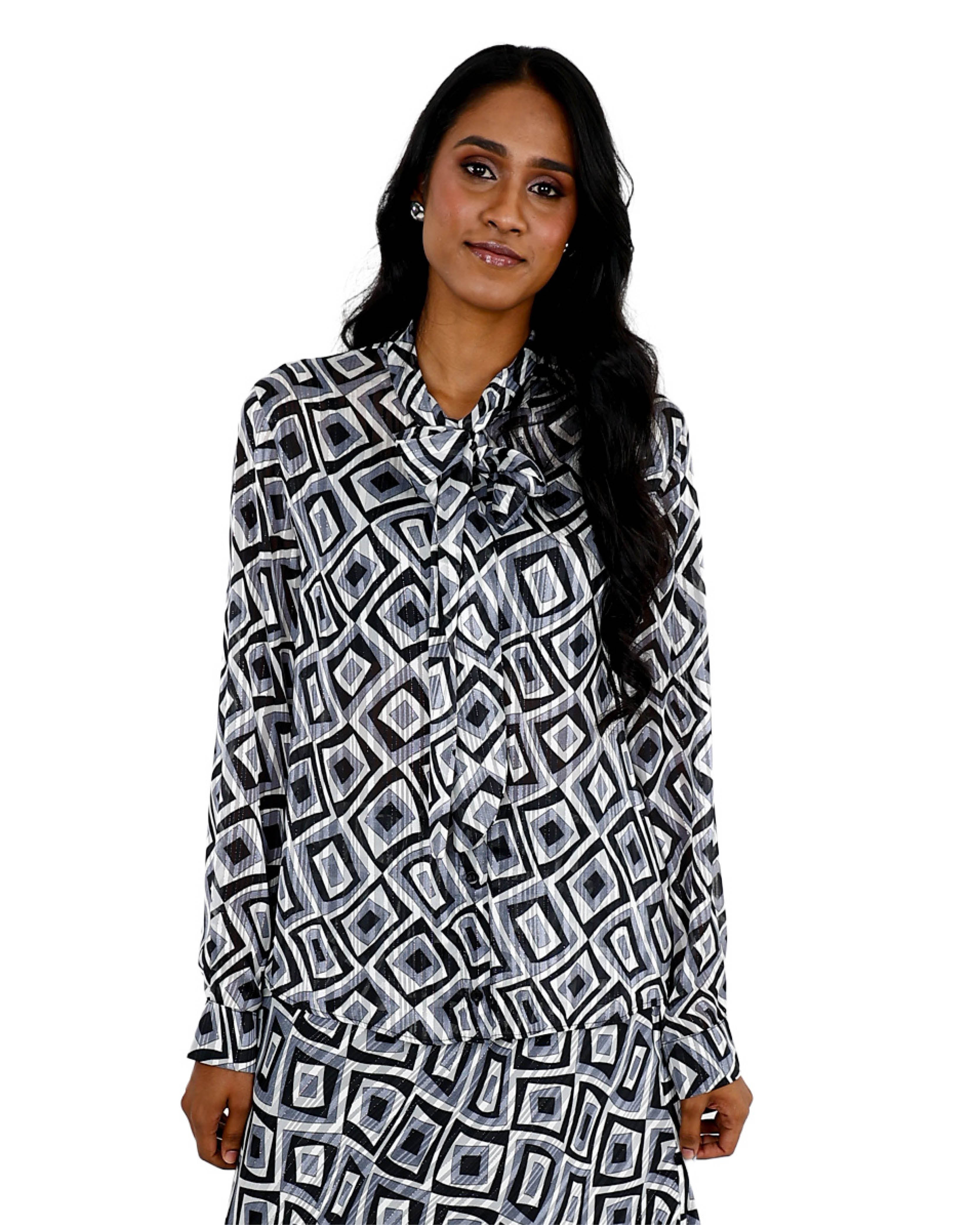 Long Sleeve Blue Geometric Lurex Kitty Bow Blouse