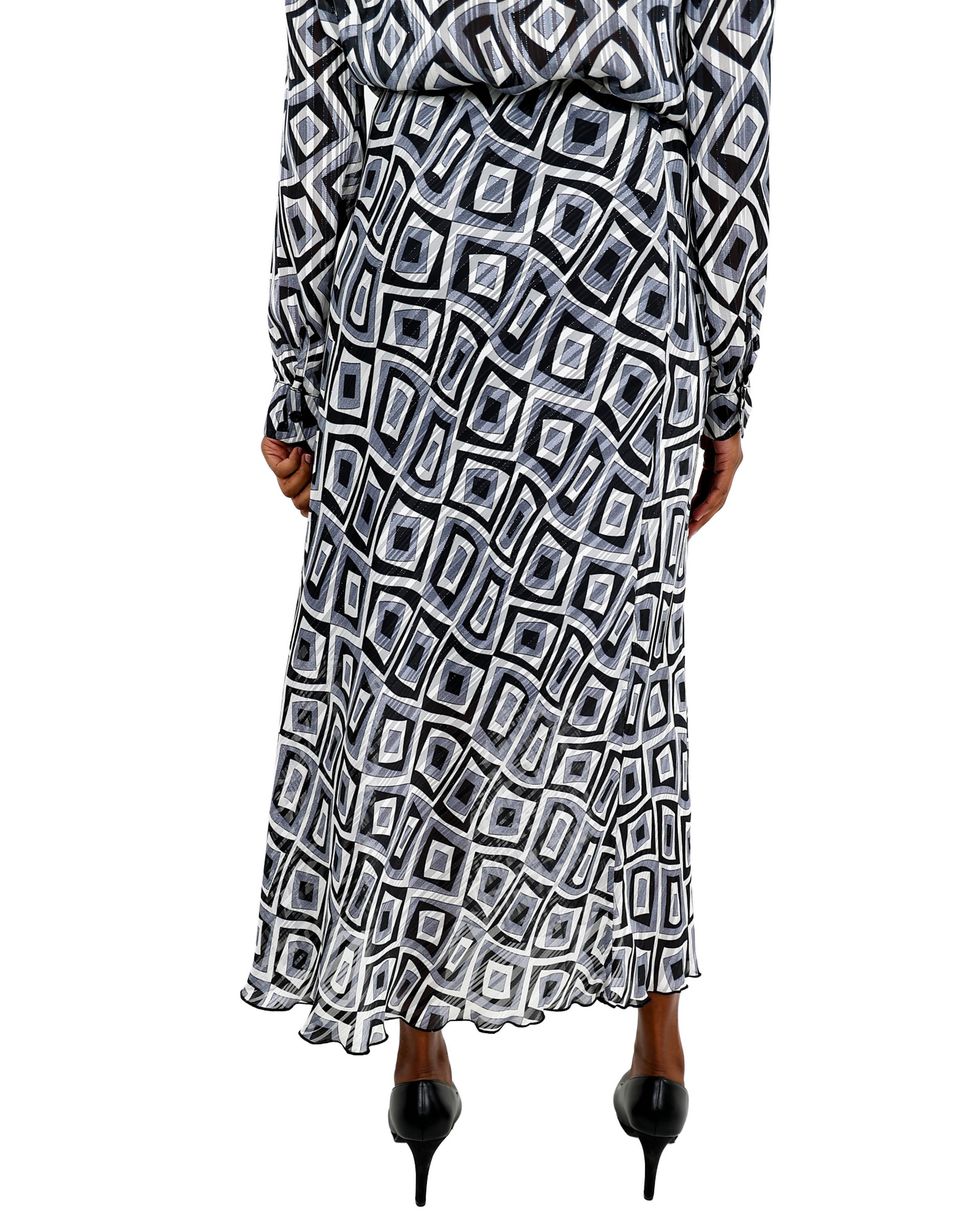 Blue Geometric Lurex Bias Cut Maxi Skirt