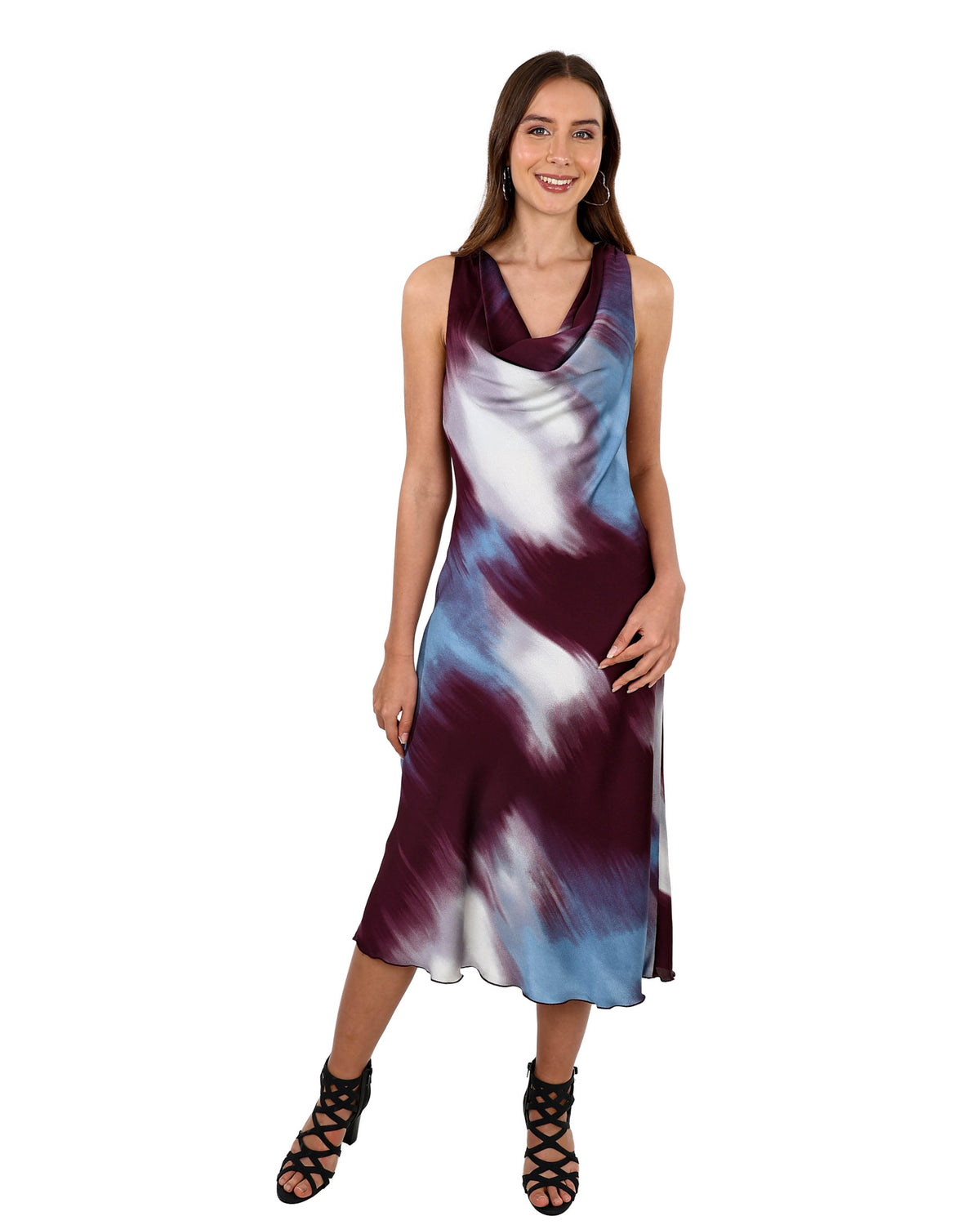 Sleeveless Tie-Dye Cowl Neck Midi Dress