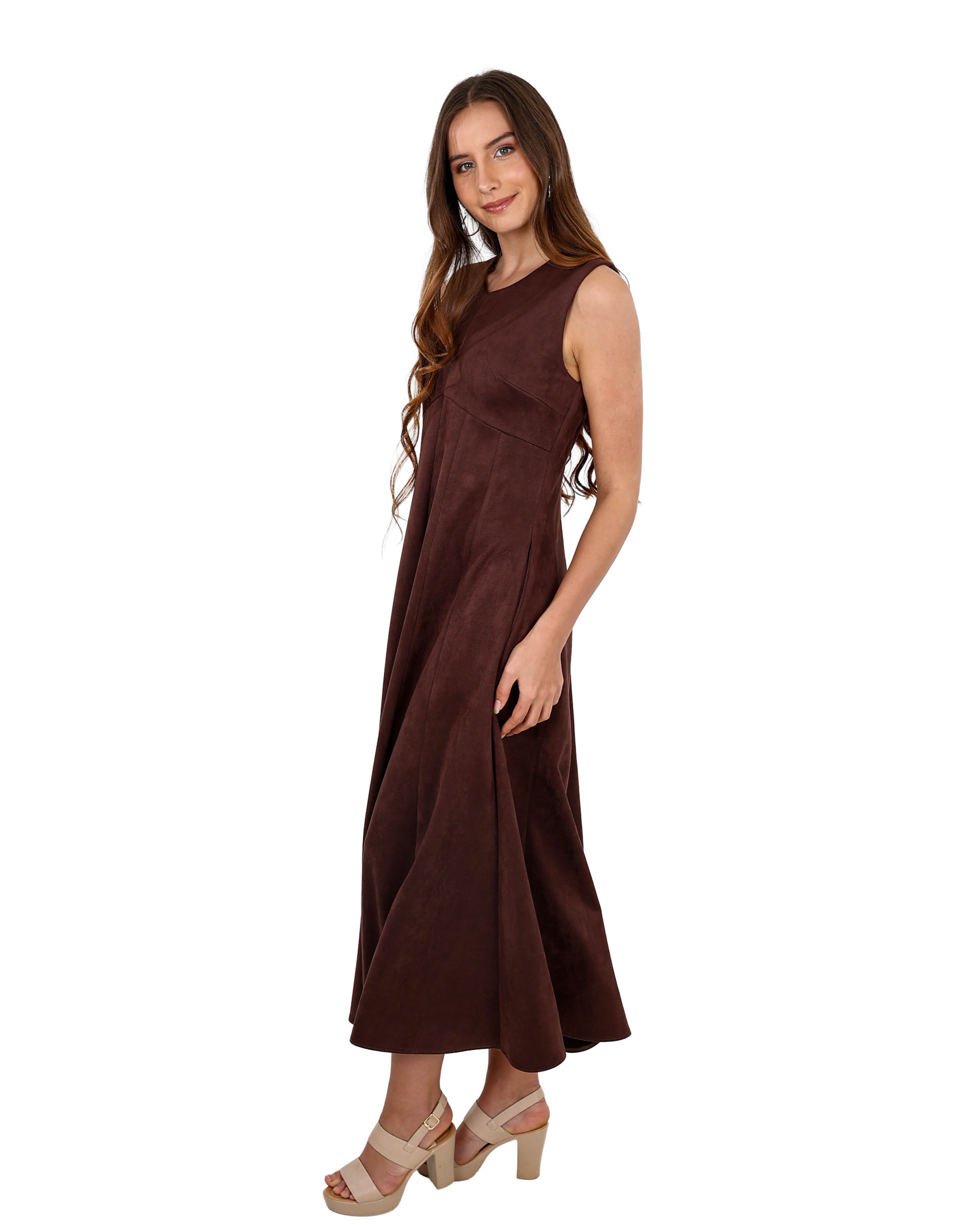 Sleeveless Chocolate Suede Paneled Maxi Dress