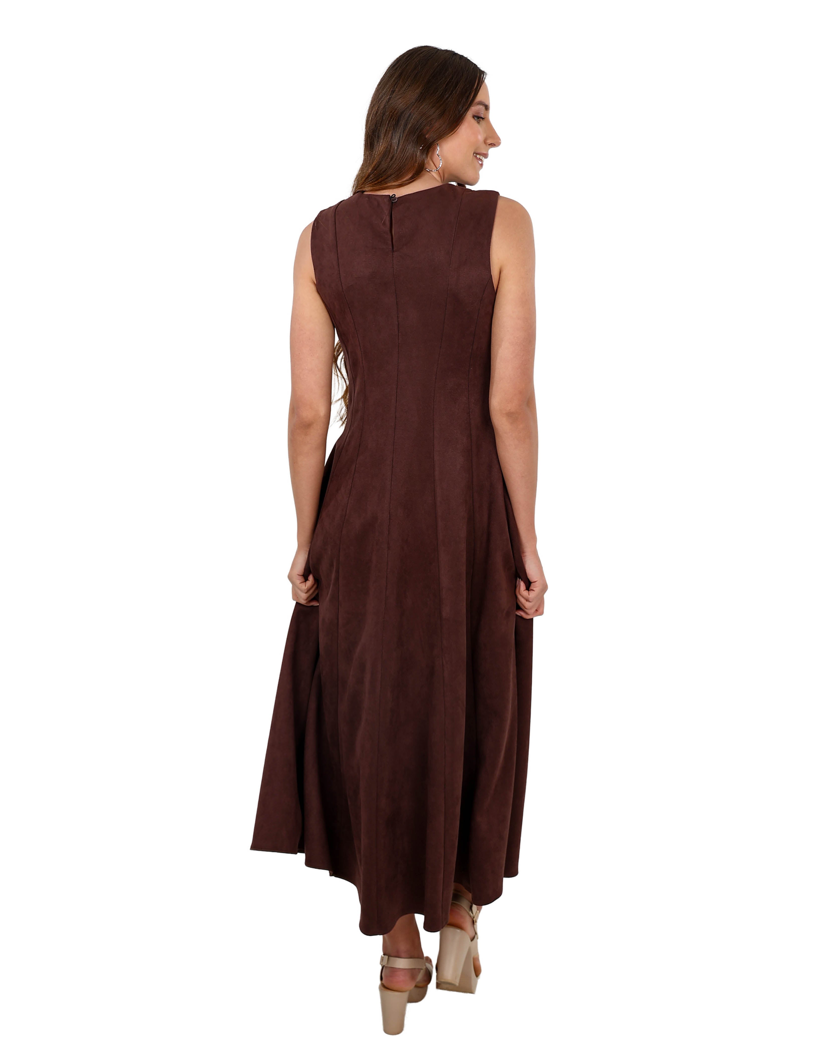 Sleeveless Chocolate Suede Paneled Maxi Dress
