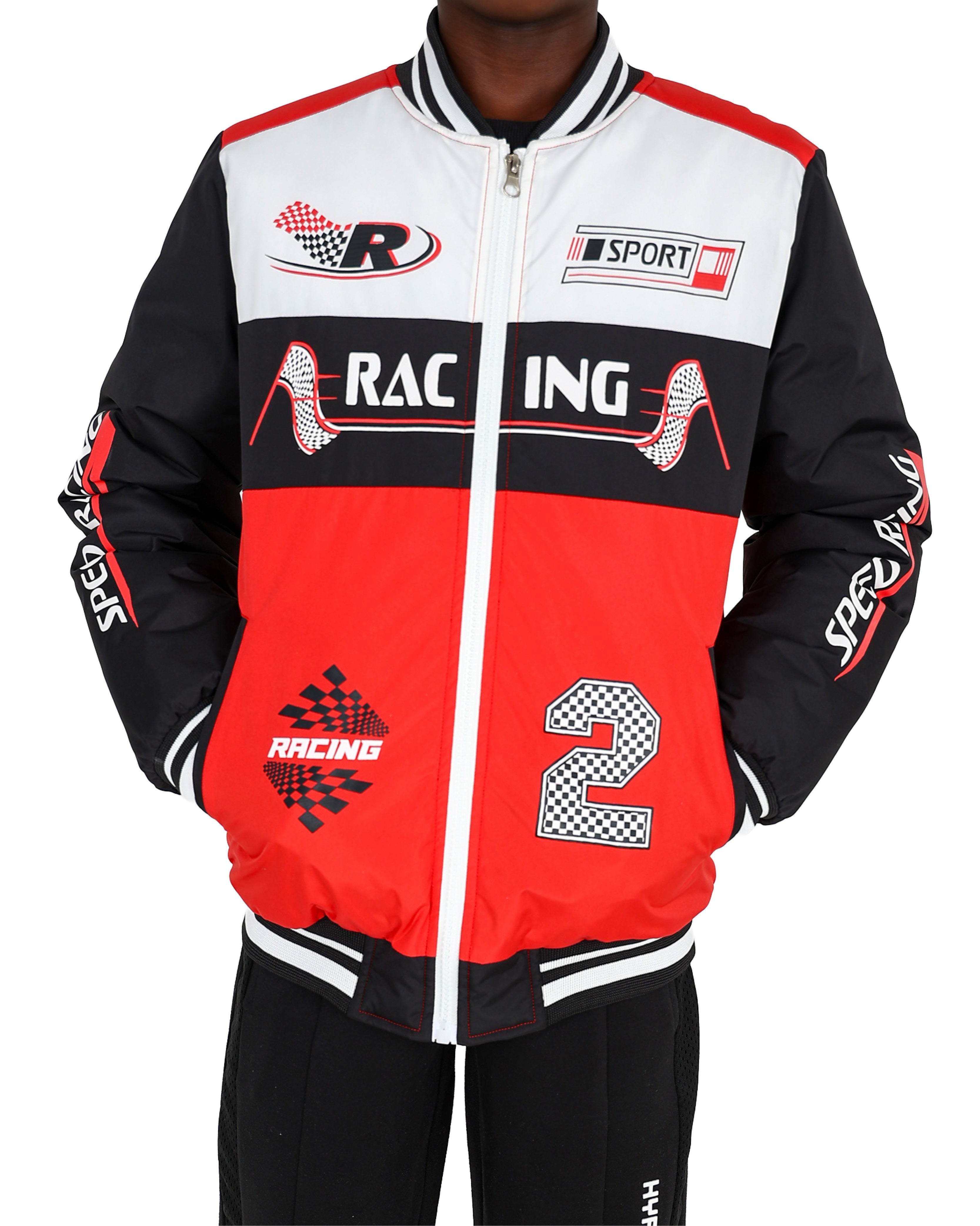 Red Colour Block Racing Bomber Jacket